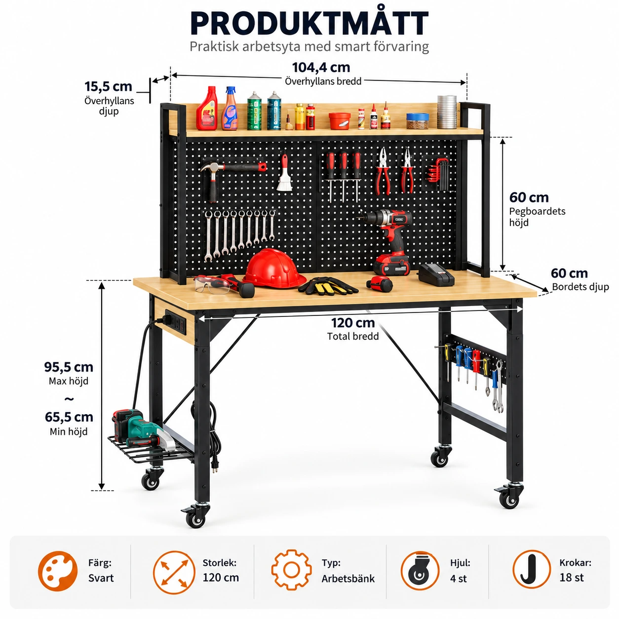 Arbetsbänk på hjul för garage och verkstad, 120 cm