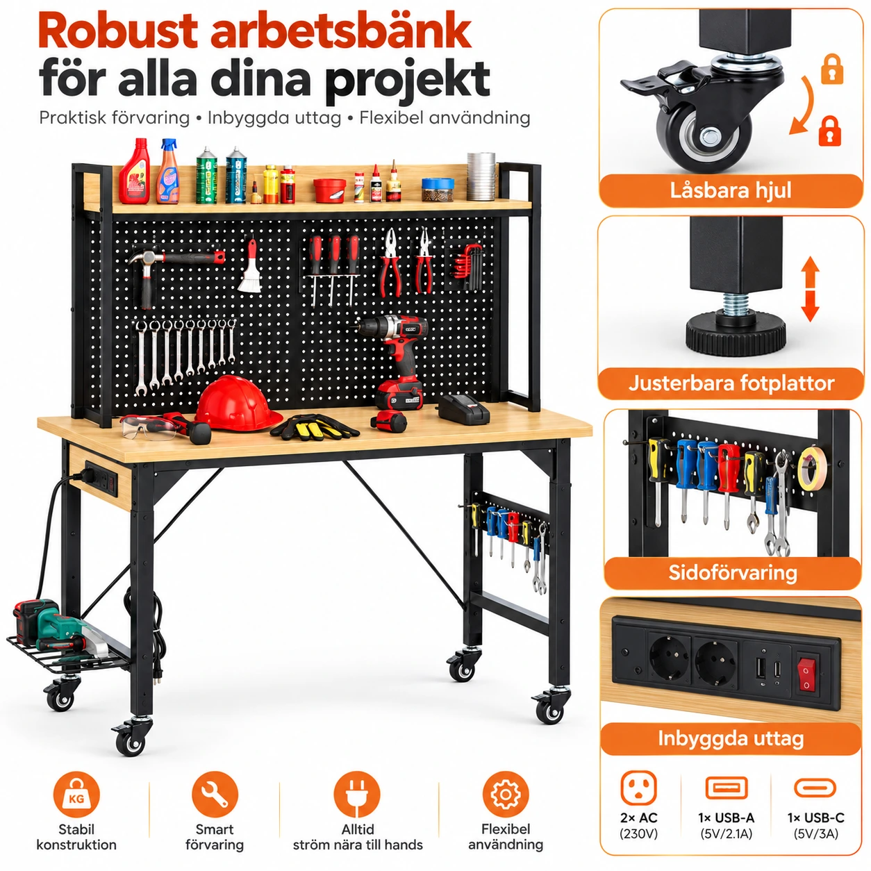 Arbetsbänk på hjul för garage och verkstad, 120 cm