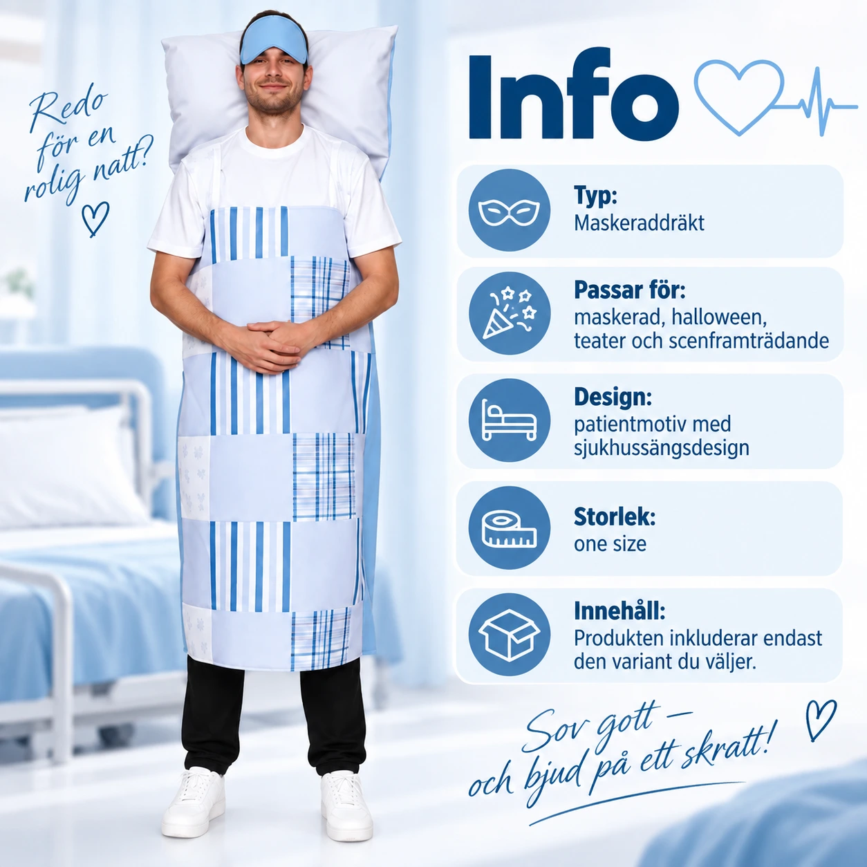 Blå och Vit Sängkostym med Kudde och Ögonmask för Vuxna