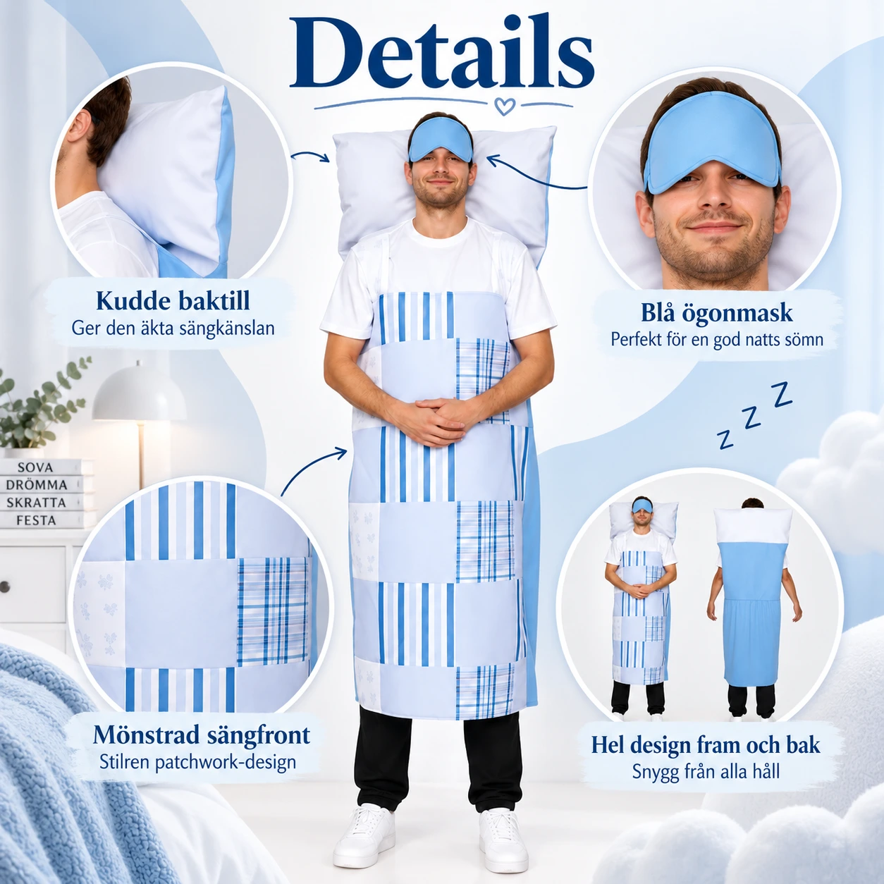 Blå och Vit Sängkostym med Kudde och Ögonmask för Vuxna