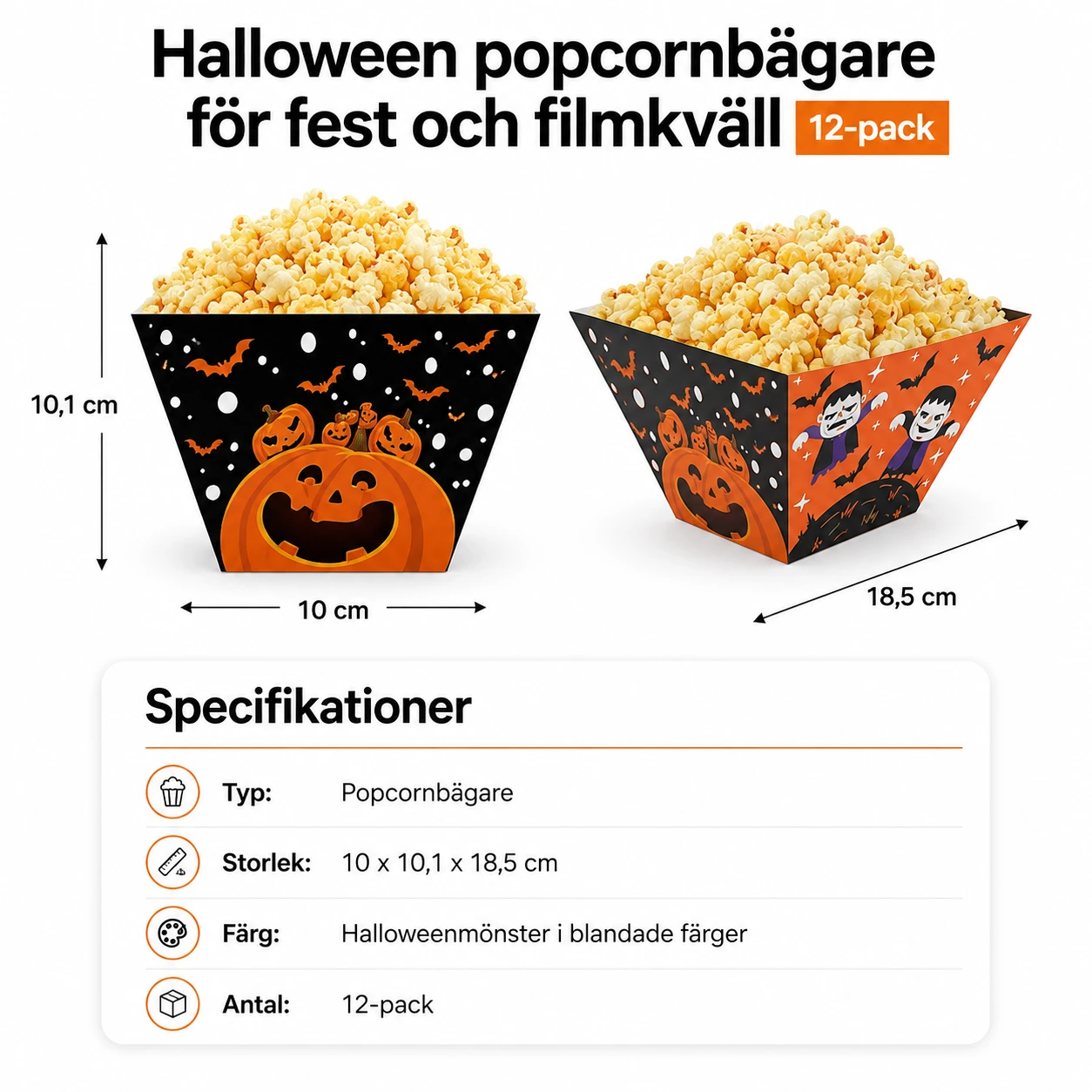 Halloween popcornbägare för fest och filmkväll 12-pack