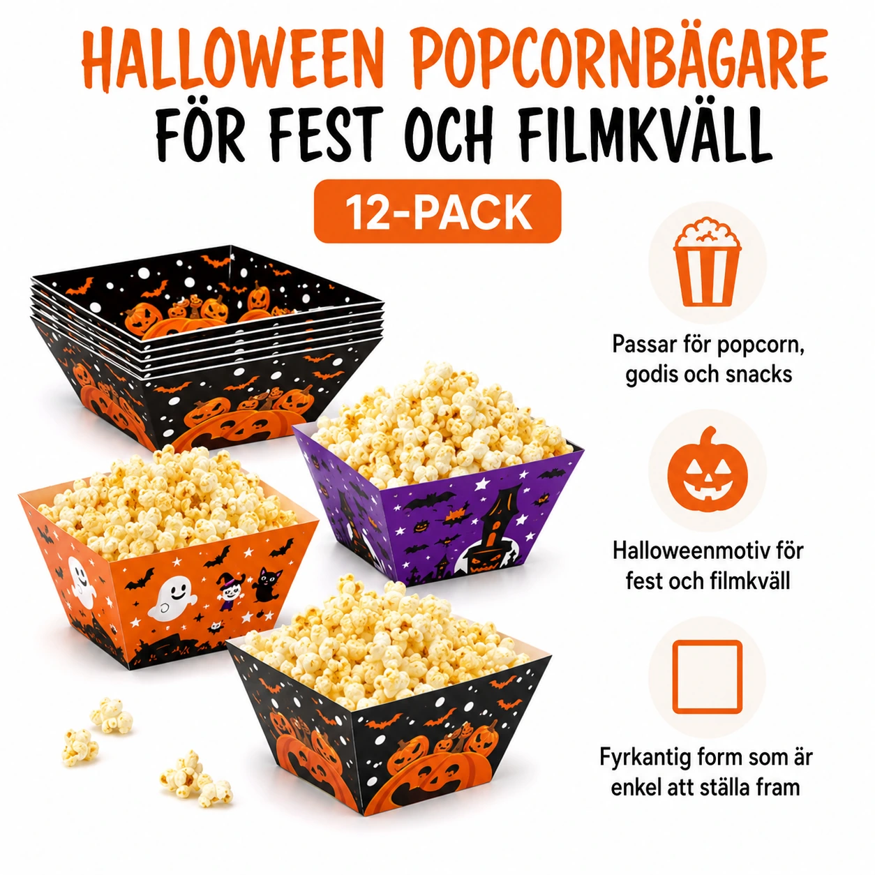 Halloween popcornbägare för fest och filmkväll 12-pack
