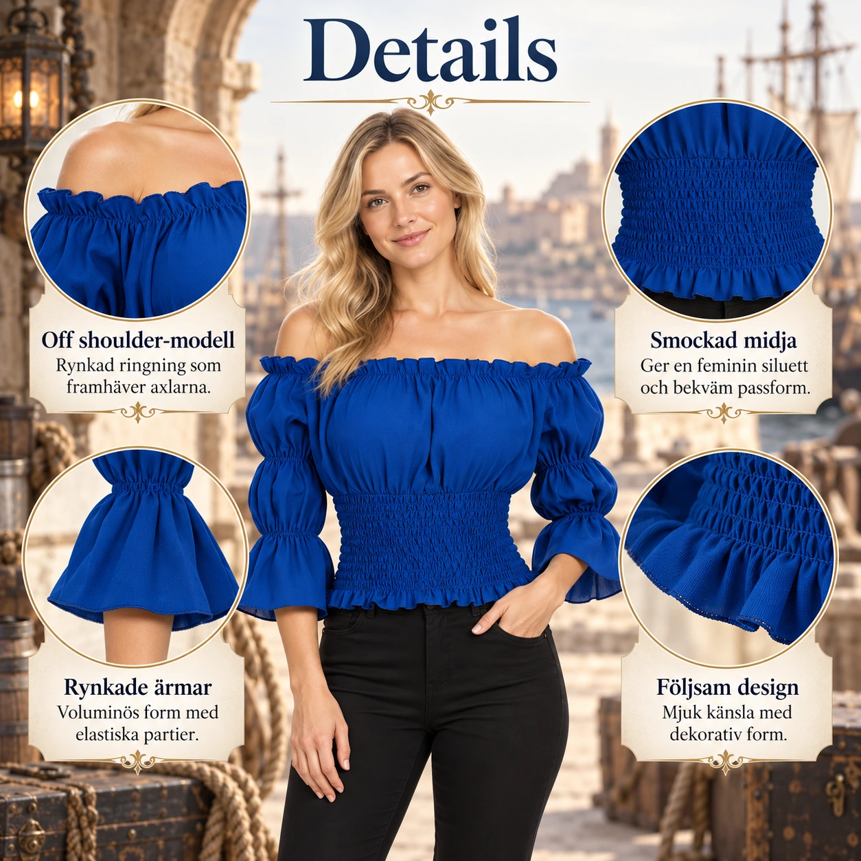 Off shoulder-blus för dam med smockad midja