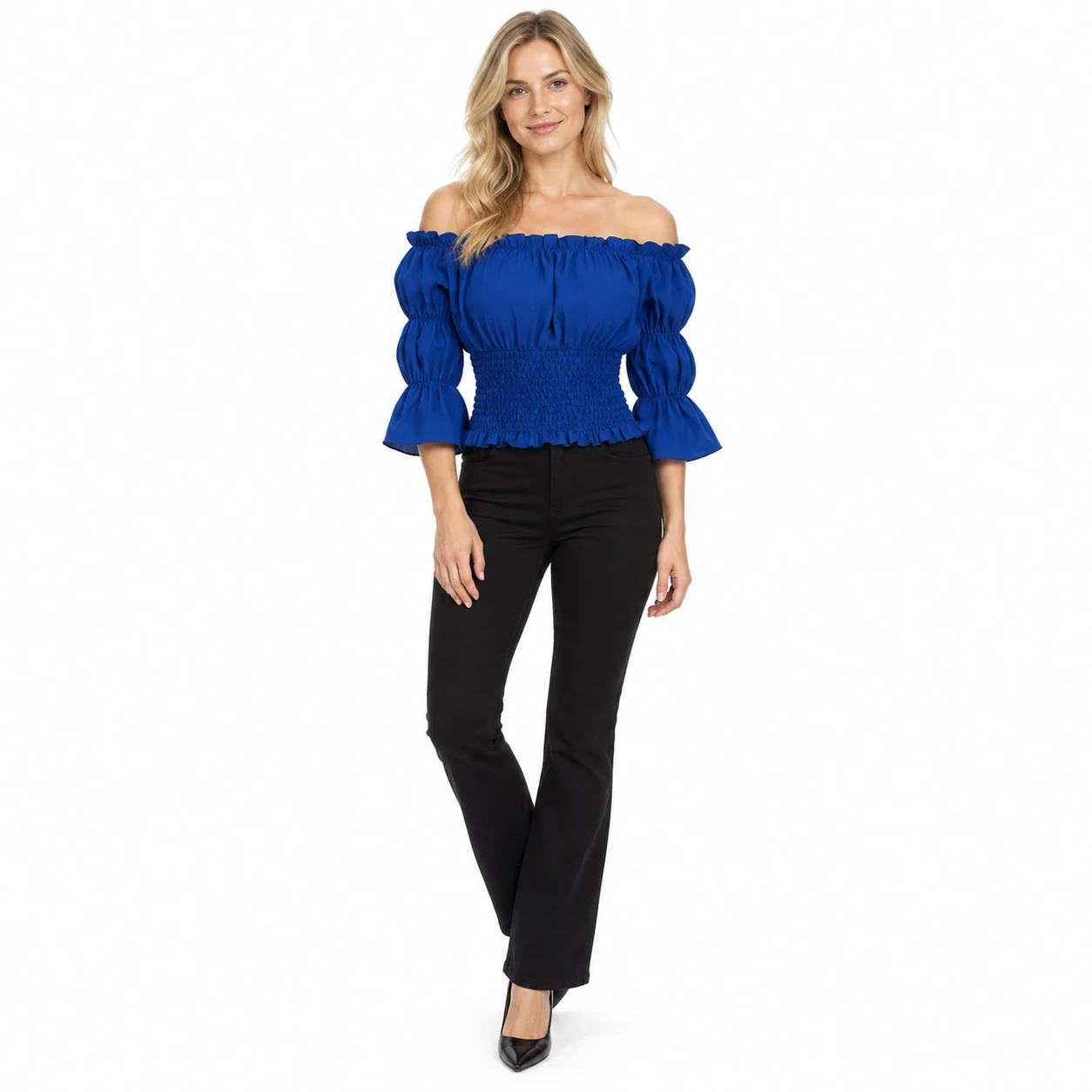 Off shoulder-blus för dam med smockad midja