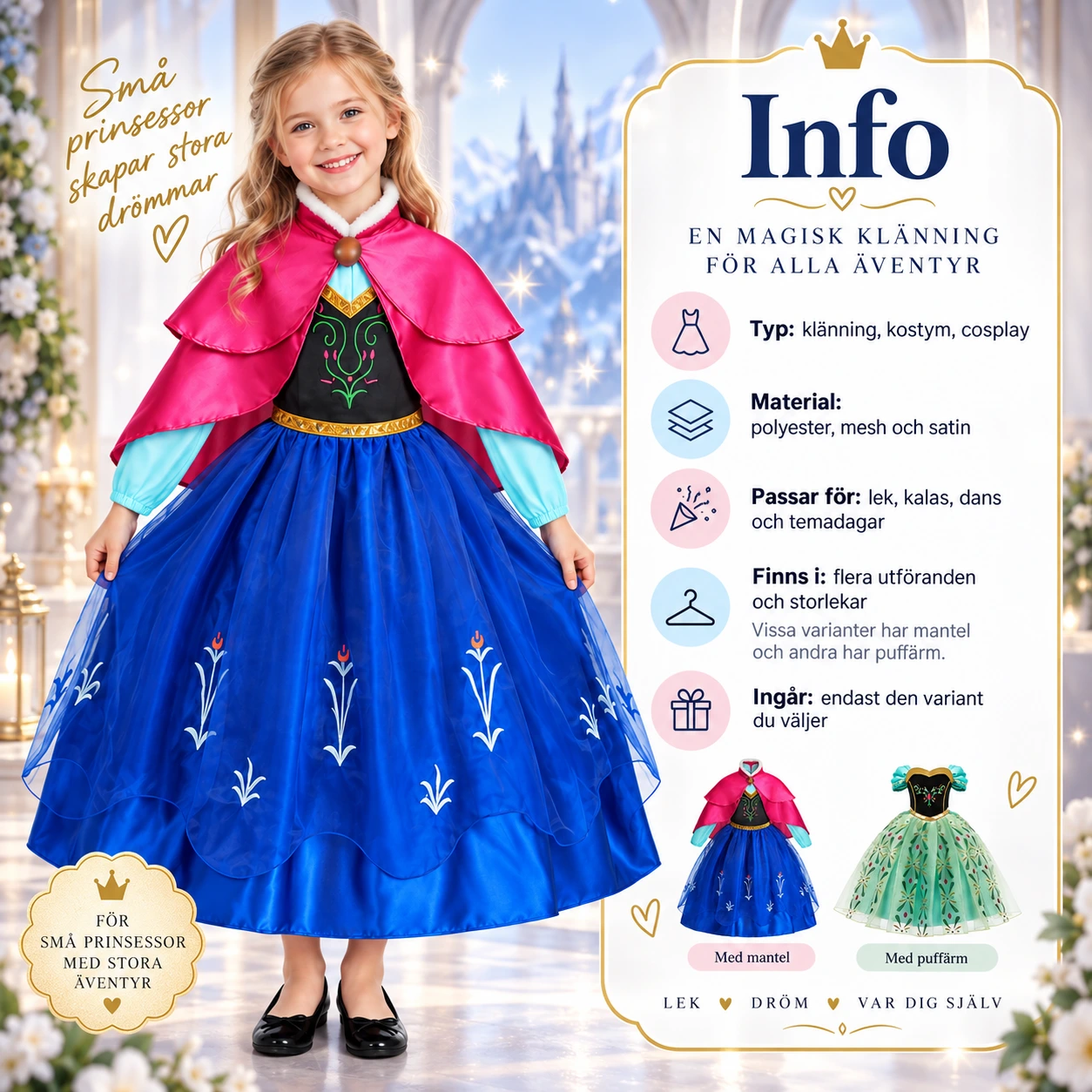 Lasten prinsessamekko viitalla tai puhvihihoilla