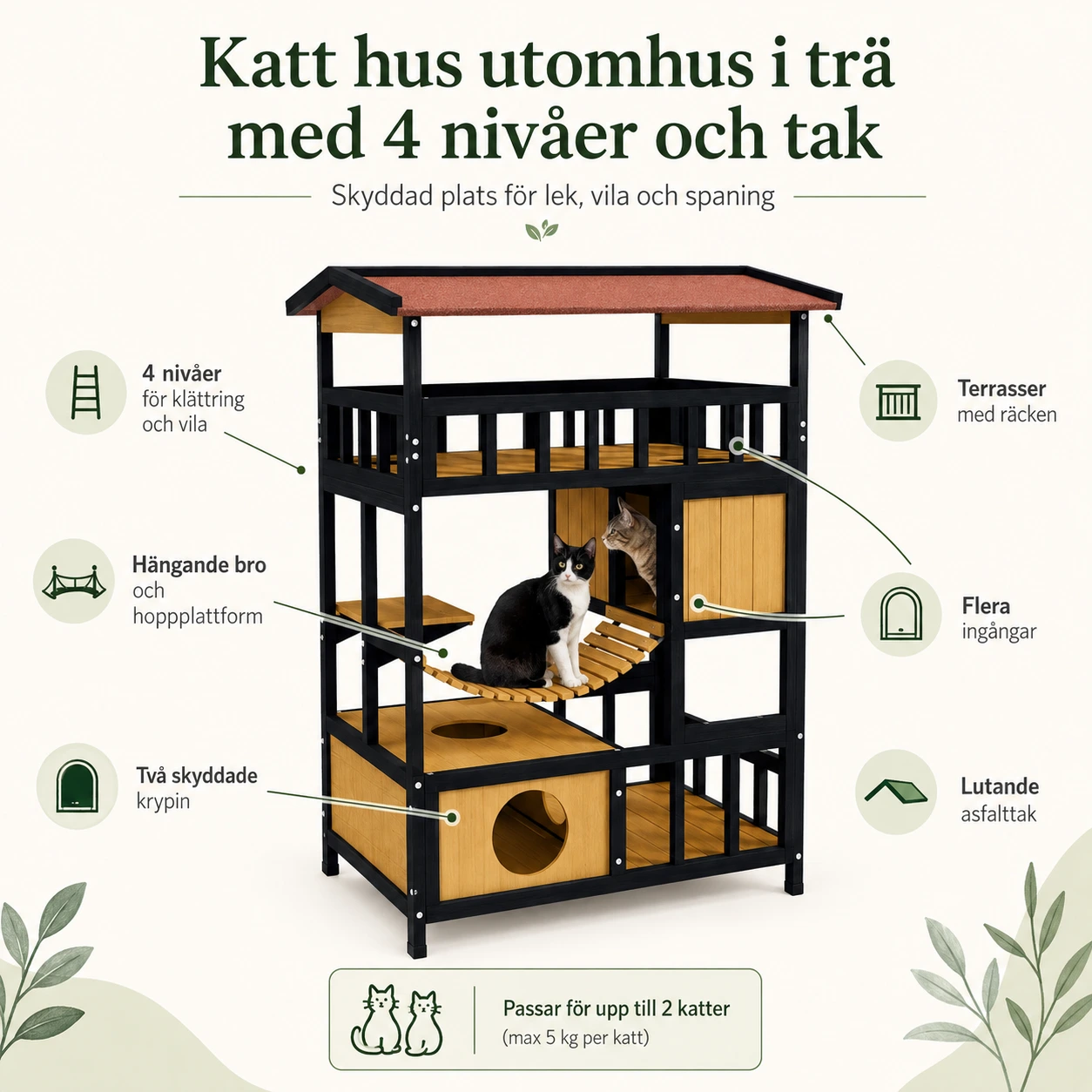 Katt hus utomhus i trä med 4 nivåer och tak