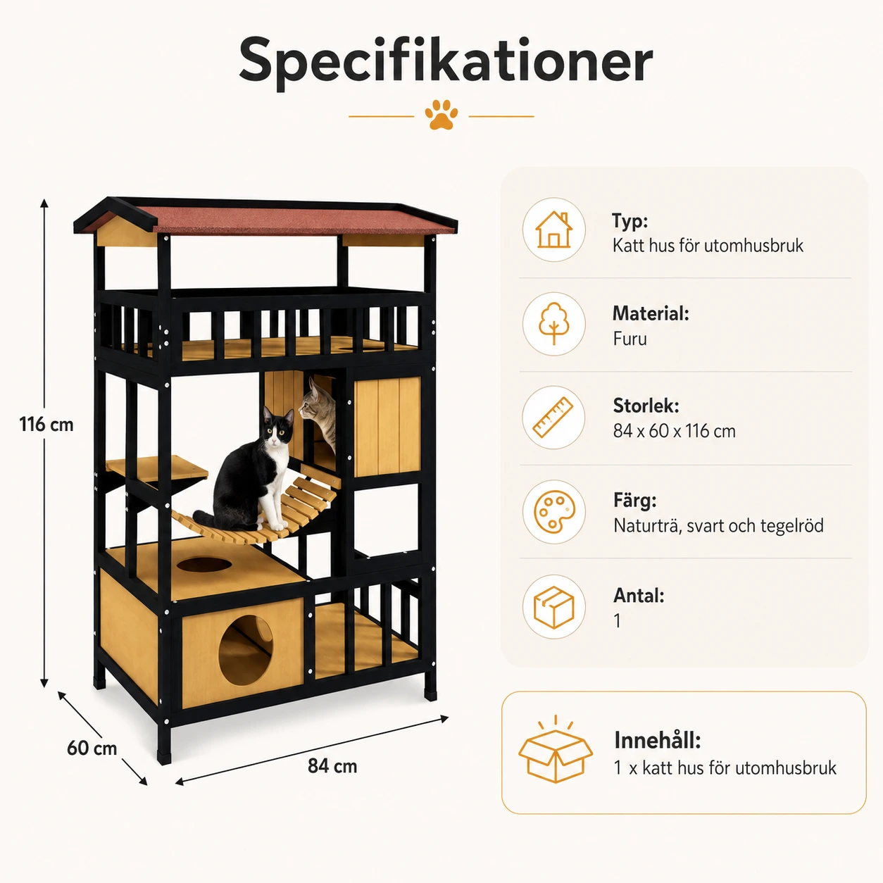 Katt hus utomhus i trä med 4 nivåer och tak