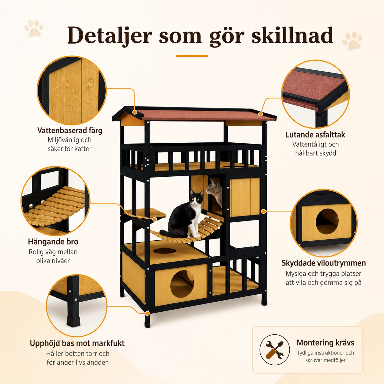 Katt hus utomhus i trä med 4 nivåer och tak
