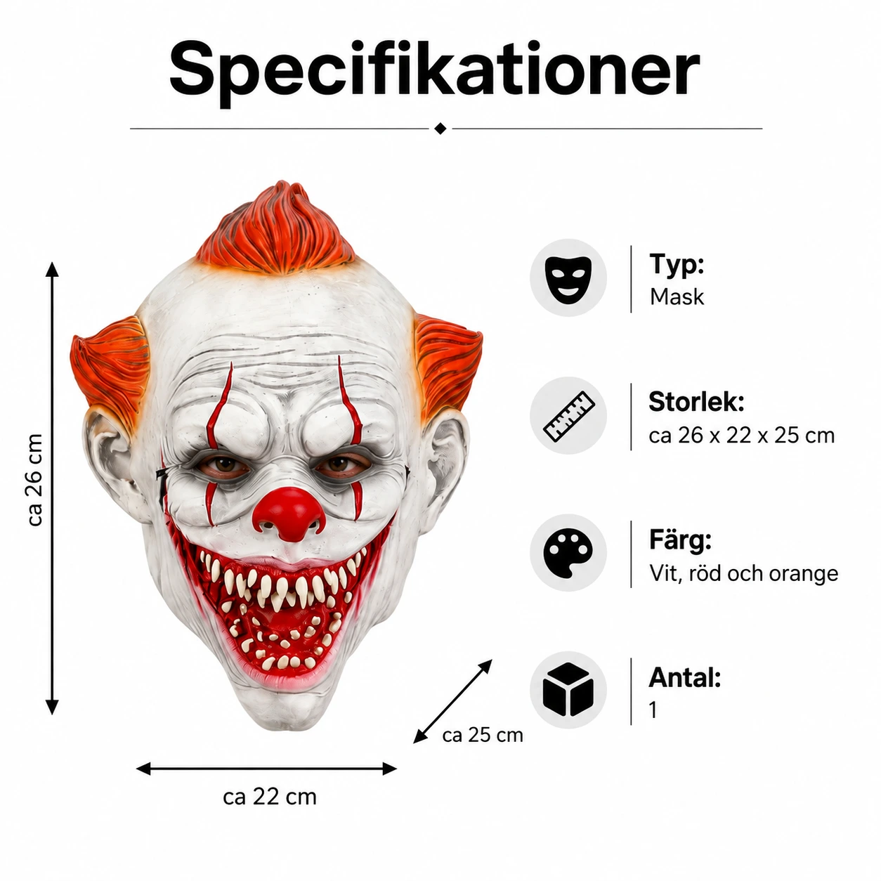 Clownmask för halloween och maskerad