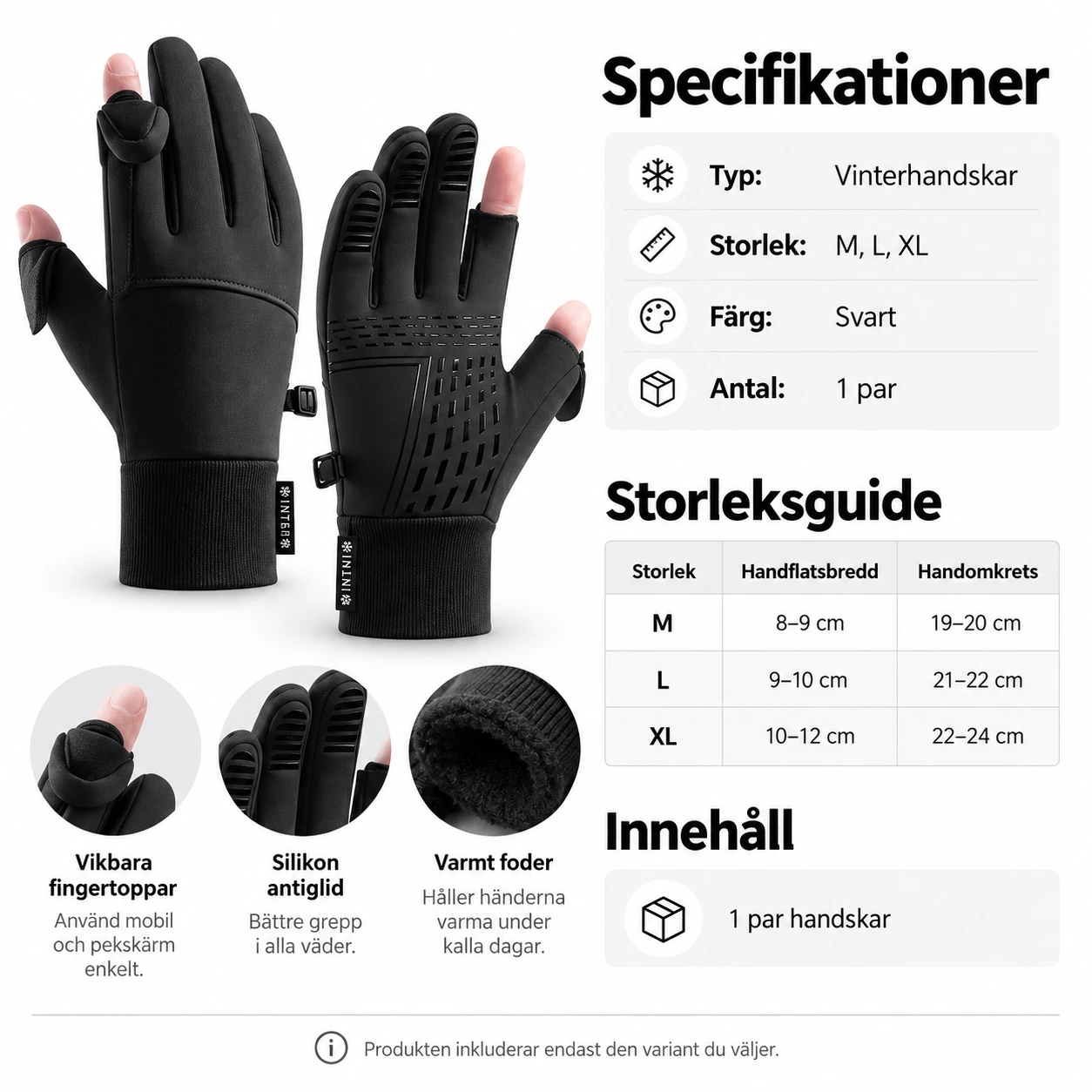 Vinterhandskar med vikbara fingertoppar och touchfunktion