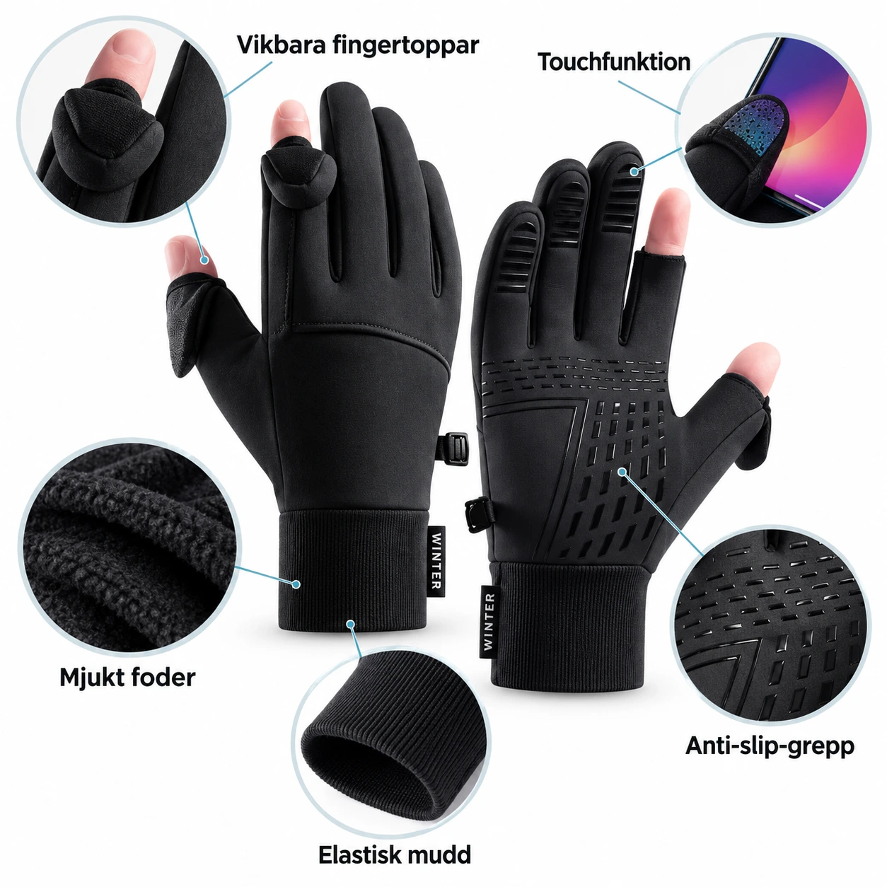 Vinterhandskar med vikbara fingertoppar och touchfunktion