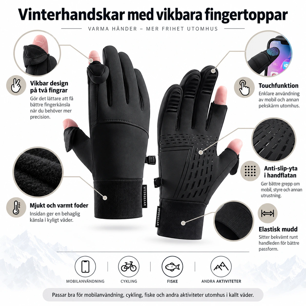 Vinterhandskar med vikbara fingertoppar och touchfunktion