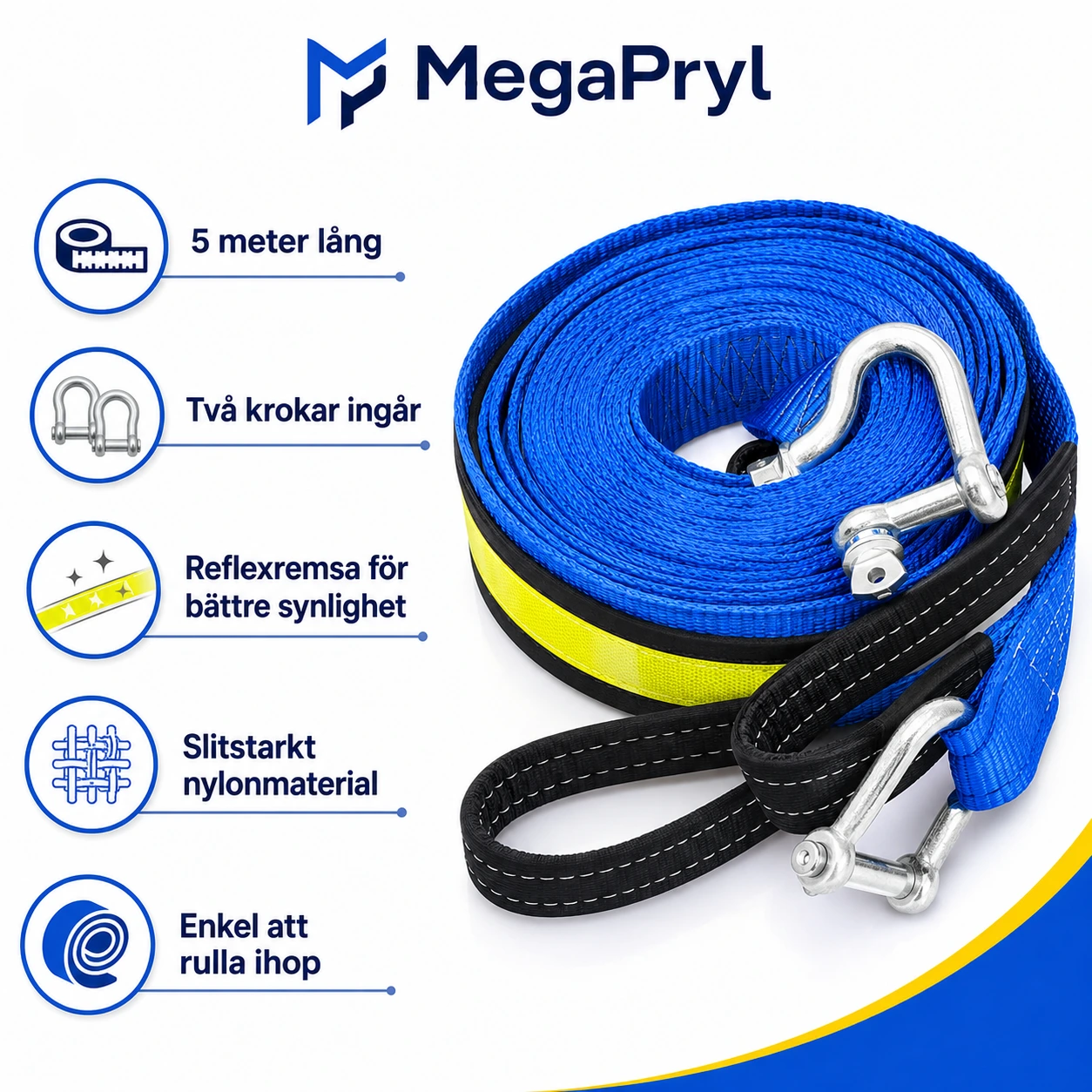 Bogserlina för bil 5 m med krokar och reflexremsa