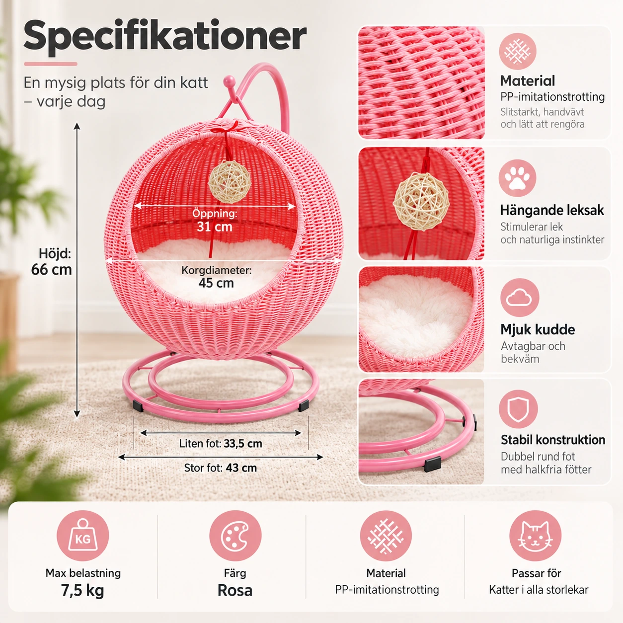 Kattgunga med stativ för inomhusbruk i rosa rottinglook