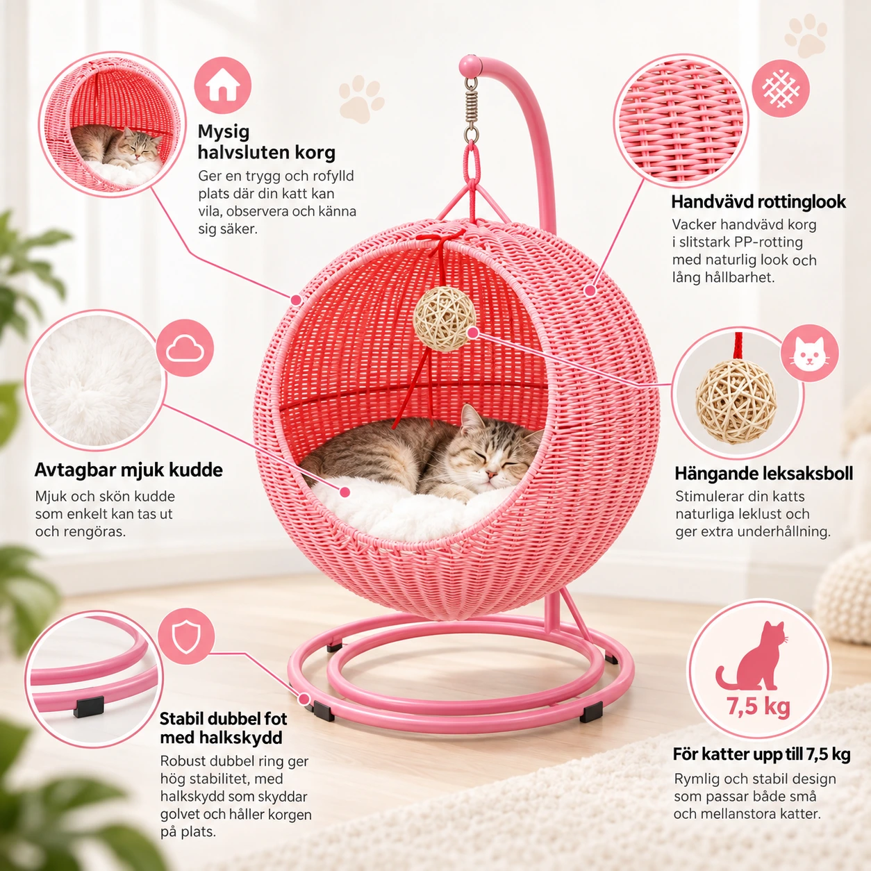 Kattgunga med stativ för inomhusbruk i rosa rottinglook