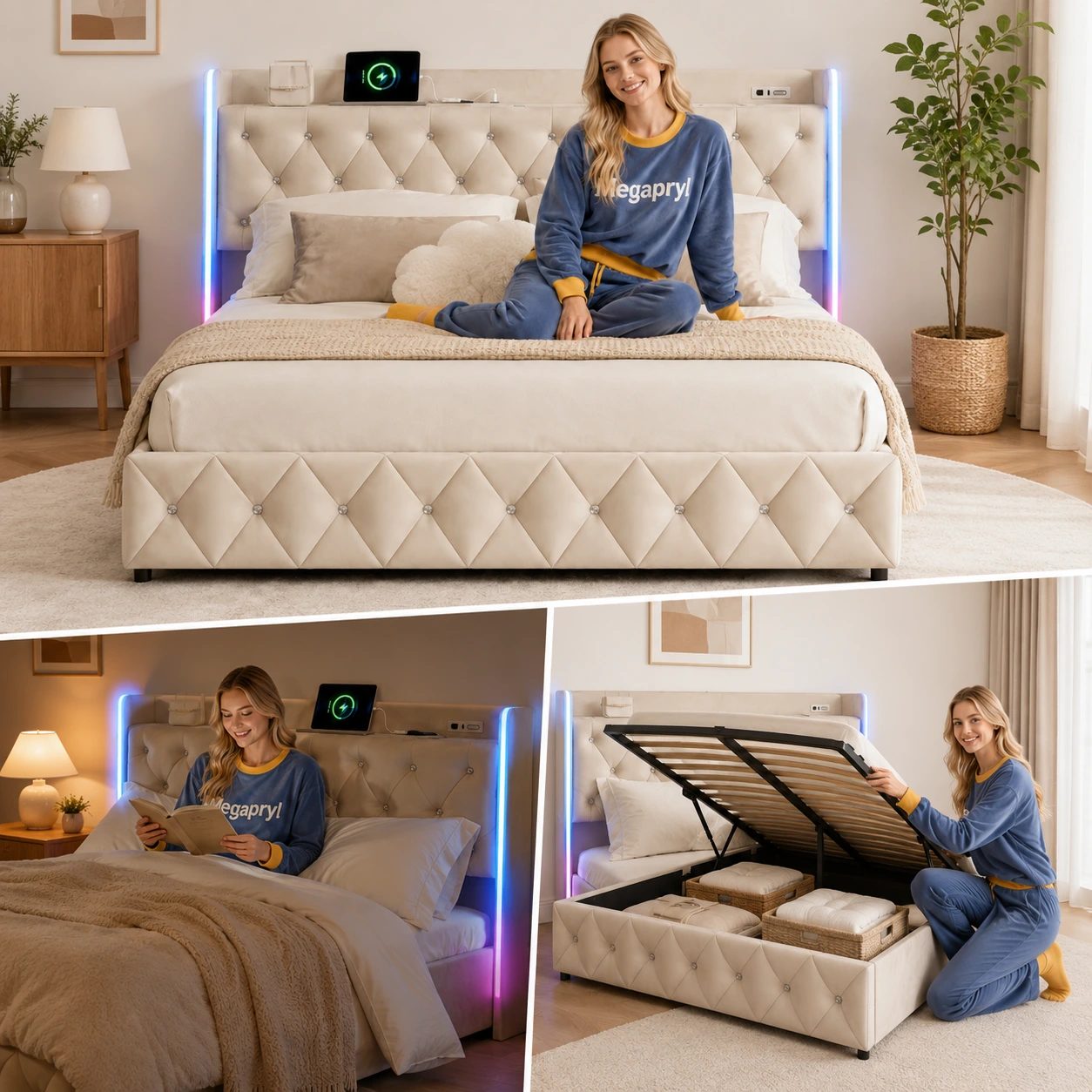 Förvaringssäng 160x200 med LED och USB-C