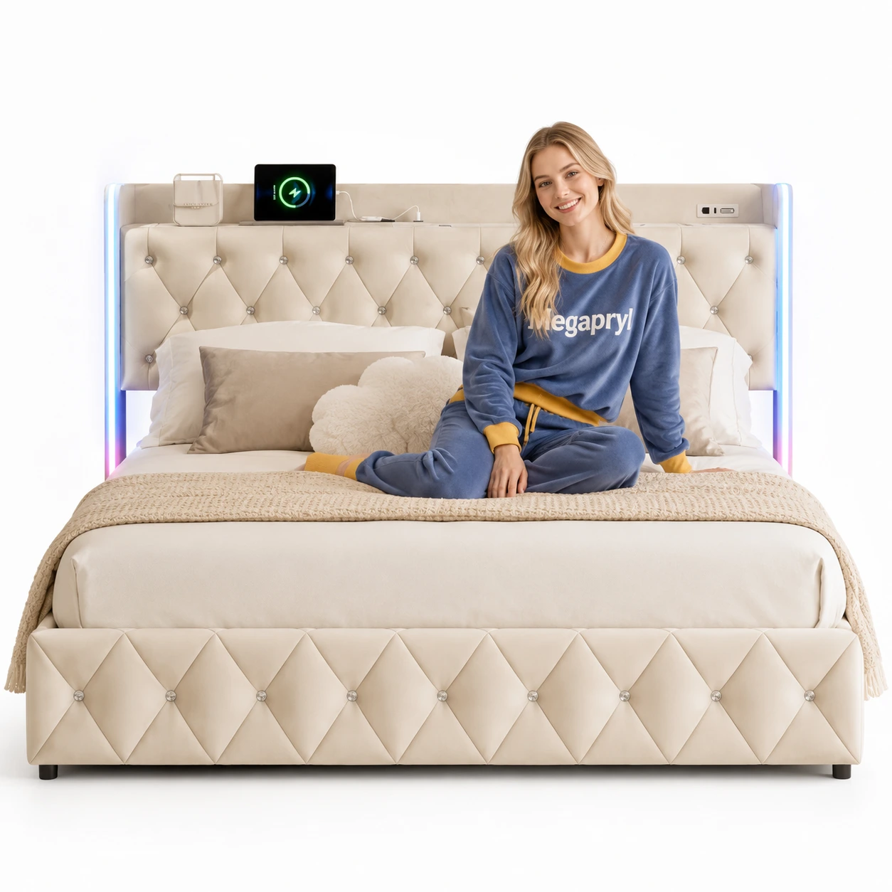 Förvaringssäng 160x200 med LED och USB-C