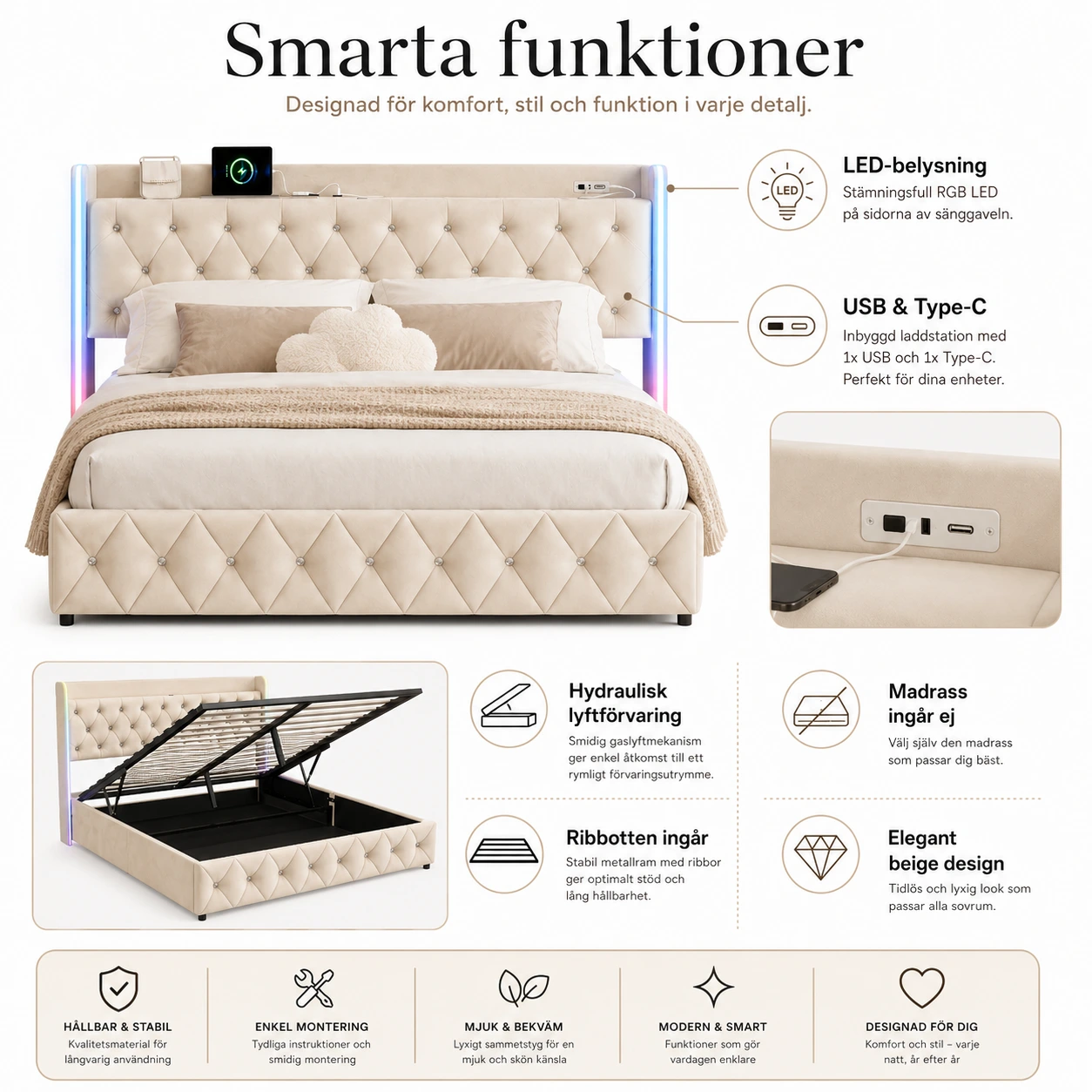 Förvaringssäng 160x200 med LED och USB-C