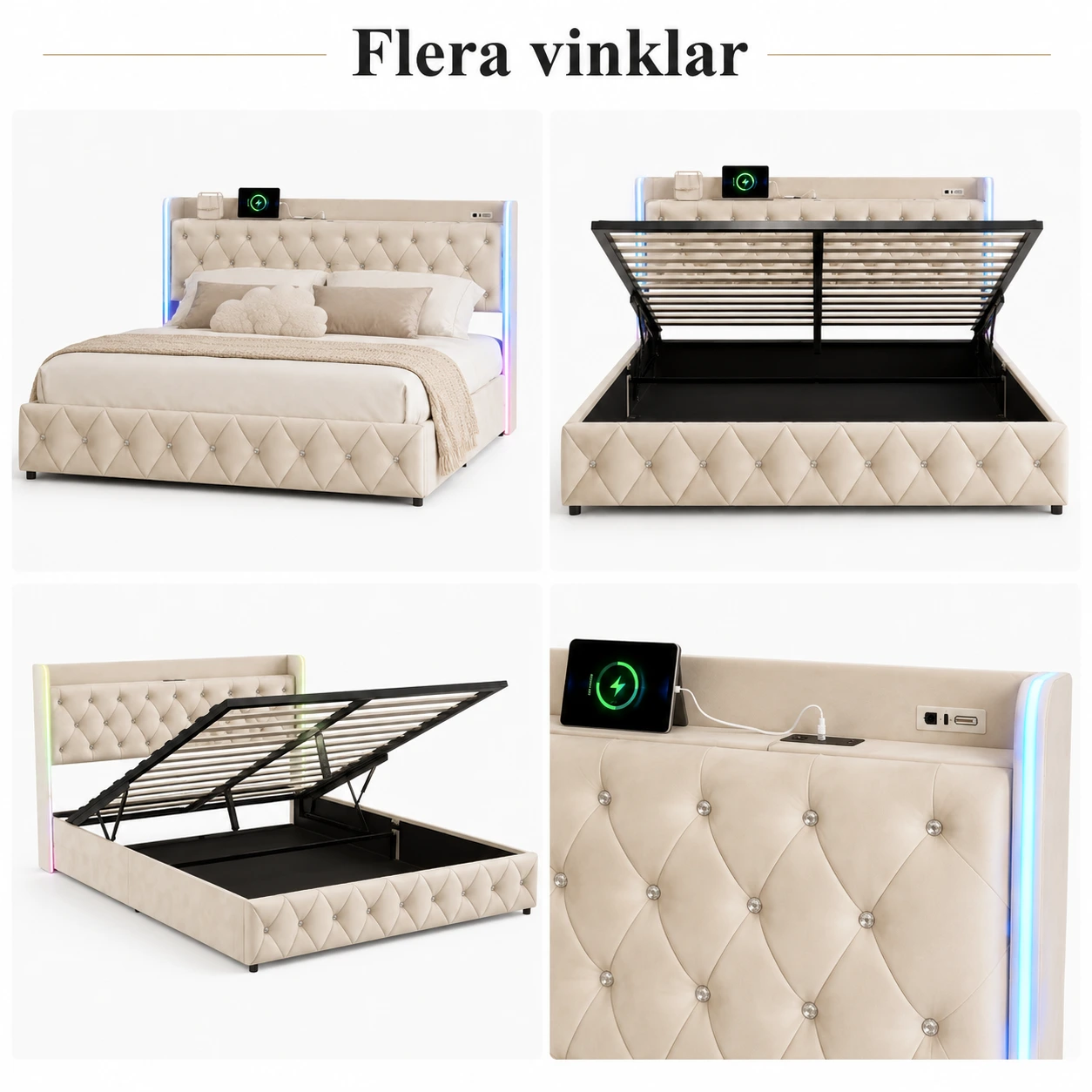 Förvaringssäng 160x200 med LED och USB-C