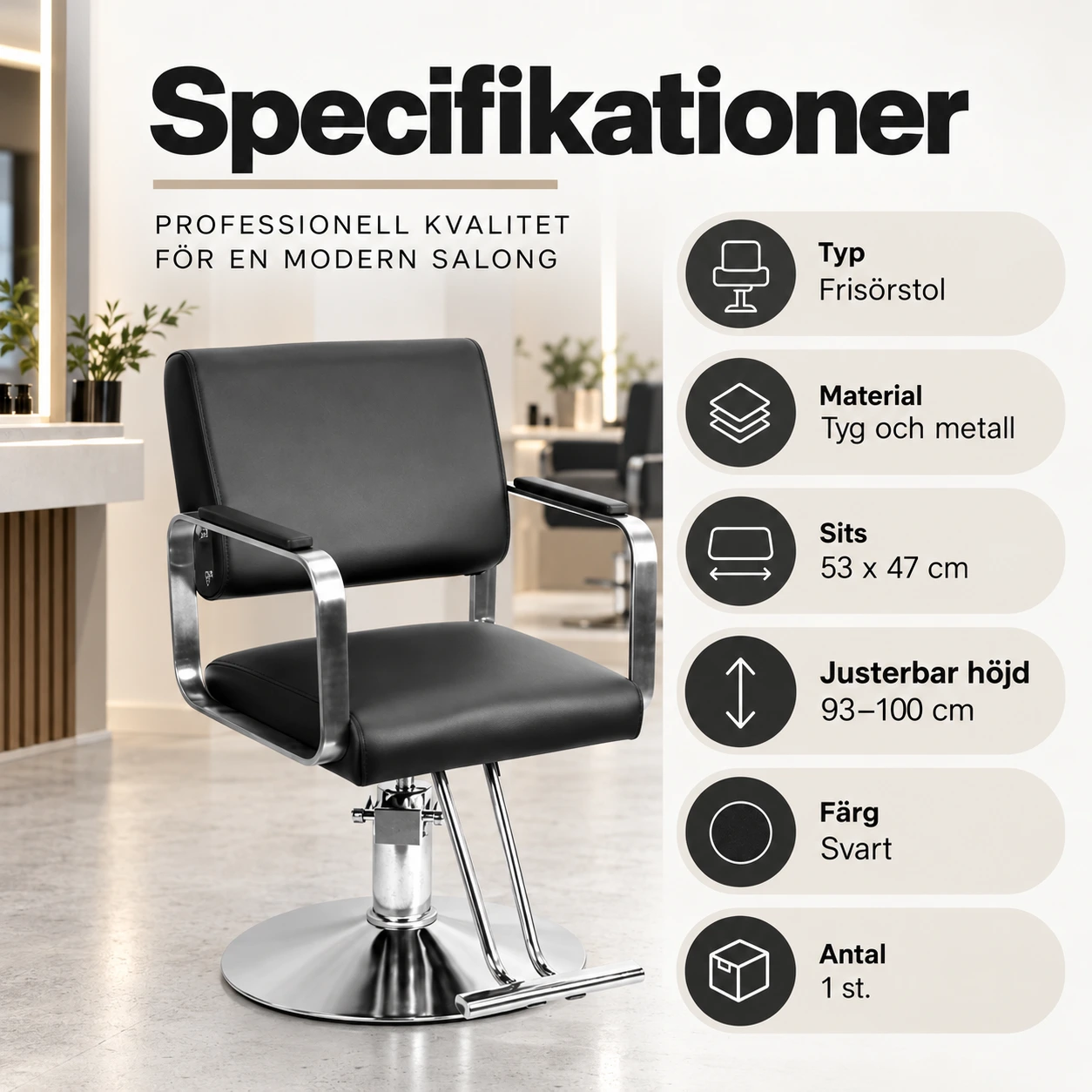 Frisörstol med hydraulisk höjdjustering och fotstöd