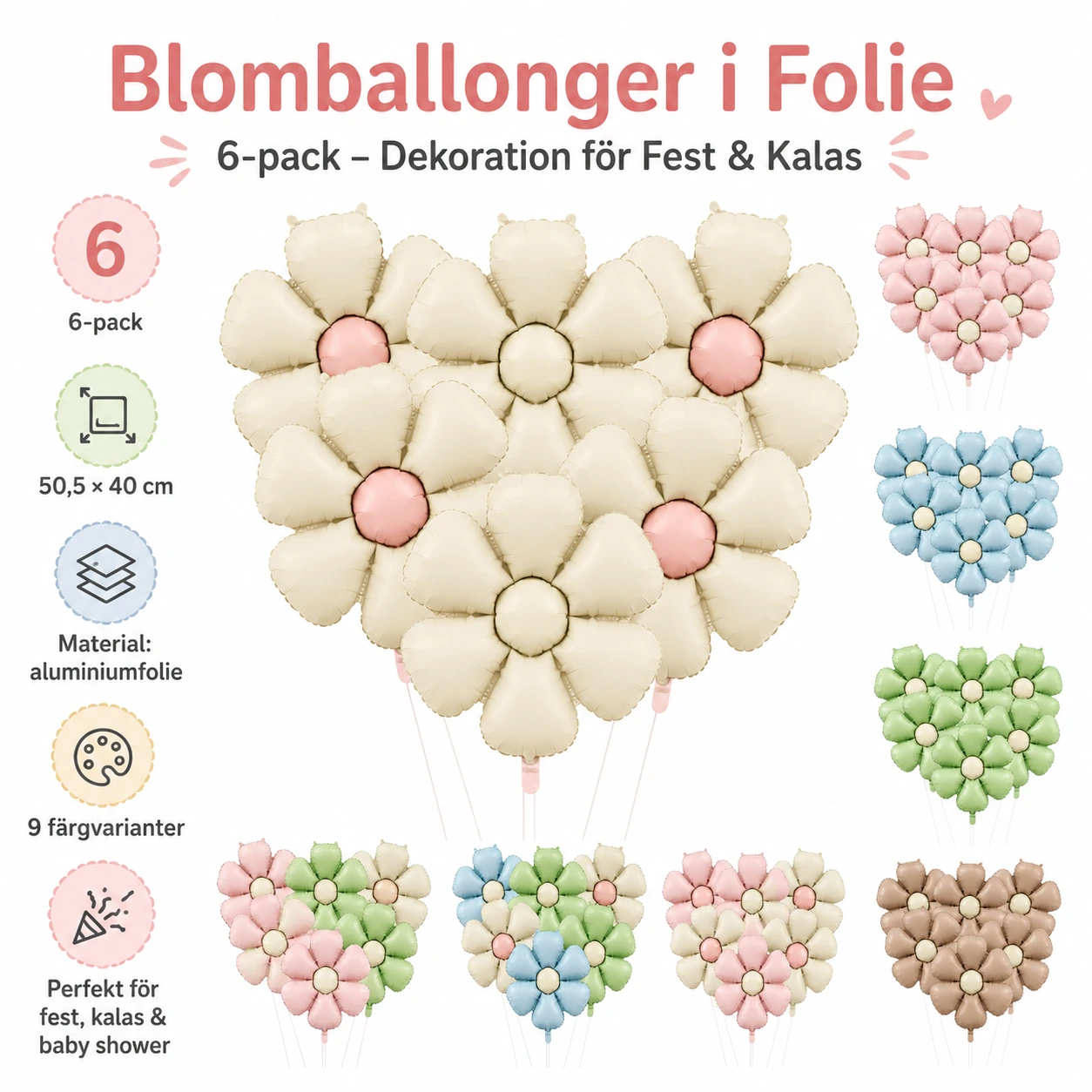 Blomballonger i Folie 6-pack – Dekoration för Fest & Kalas