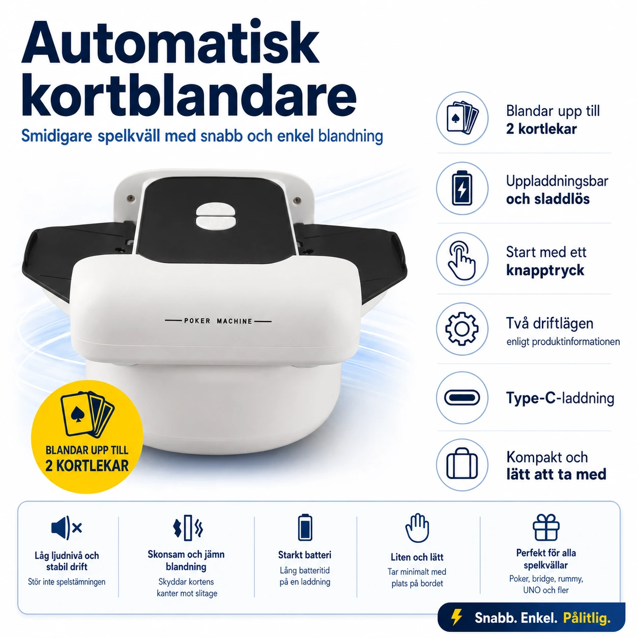 Automatisk kortblandare för 2 kortlekar med uppladdningsbart batteri