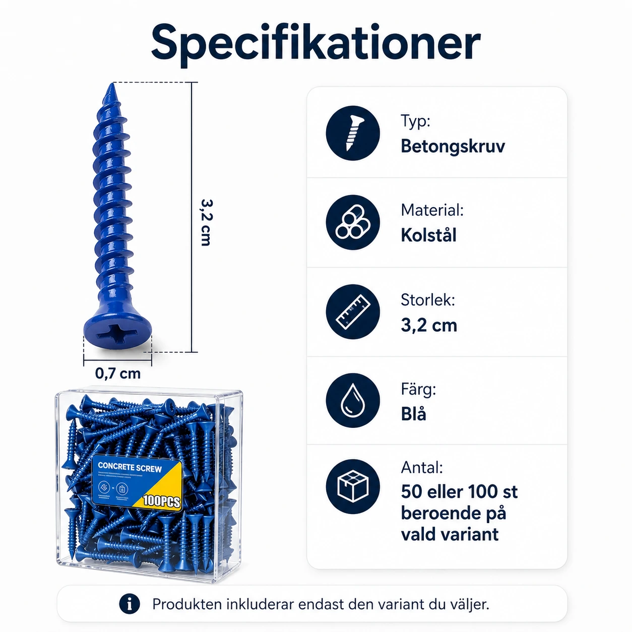 Betongskruv med försänkt huvud för murverk och betong