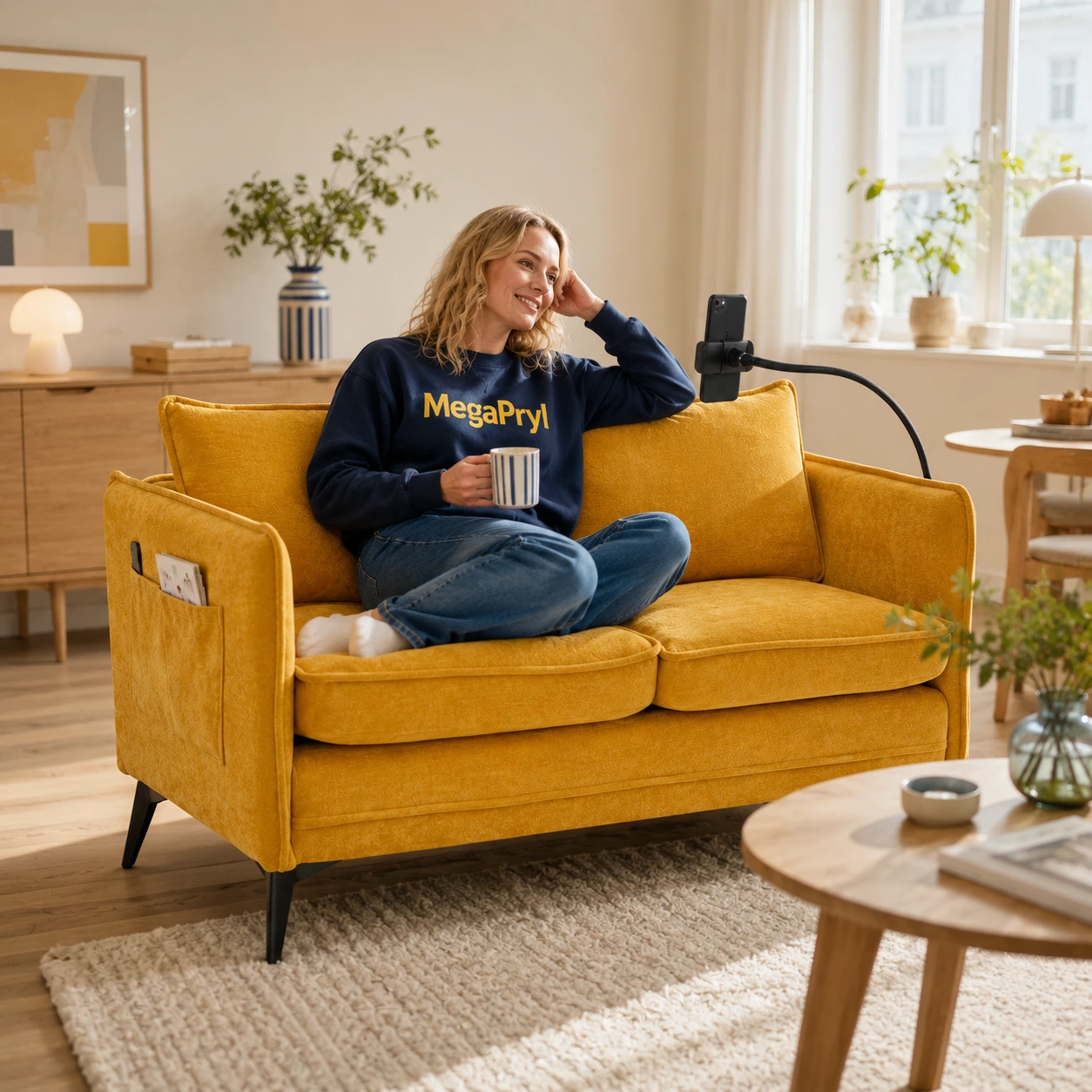 2-sits soffa för små utrymmen med mobilhållare