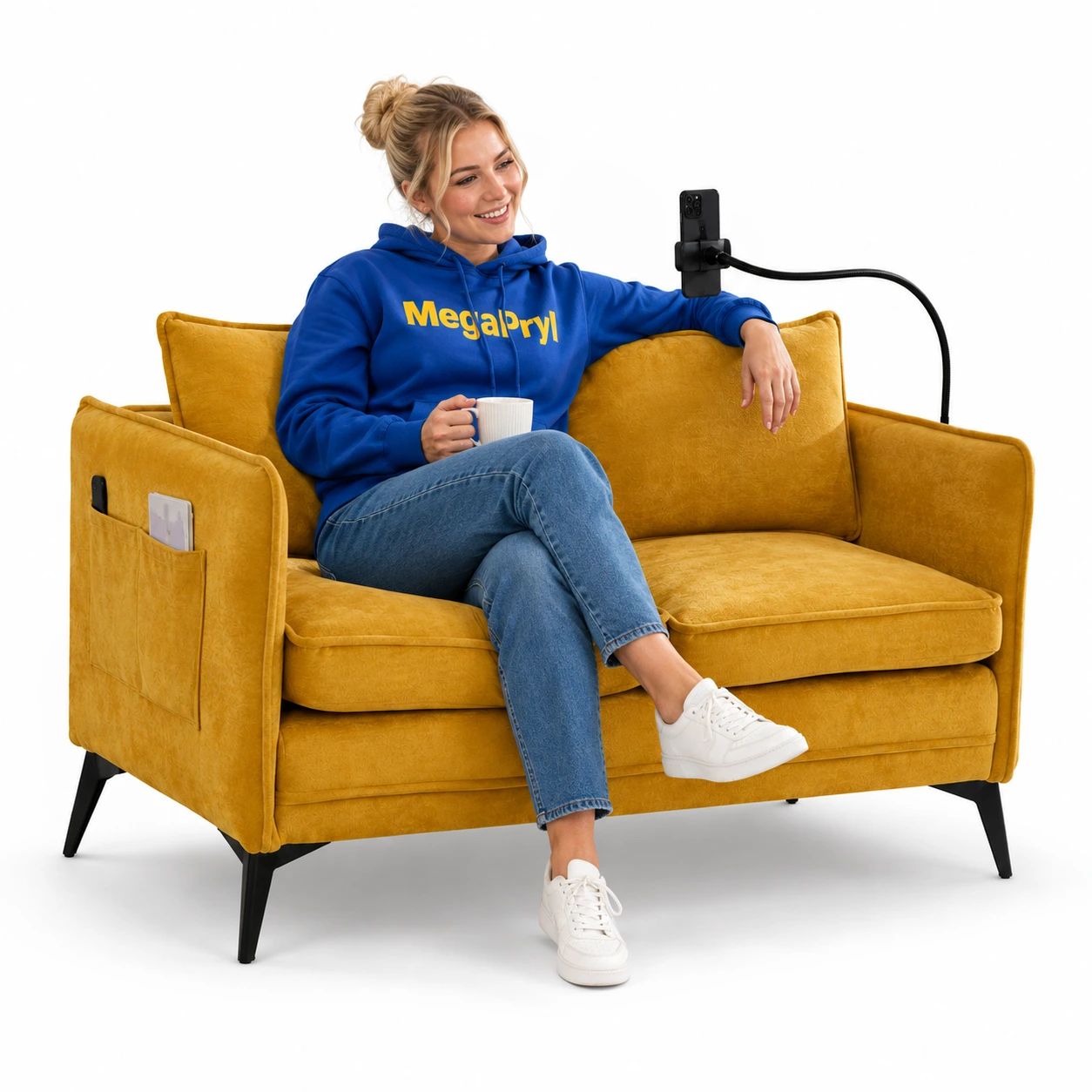 2-sits soffa för små utrymmen med mobilhållare