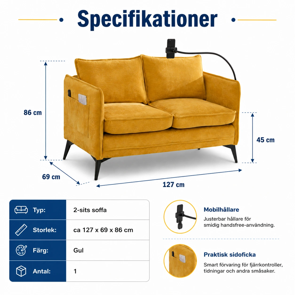 2-sits soffa för små utrymmen med mobilhållare