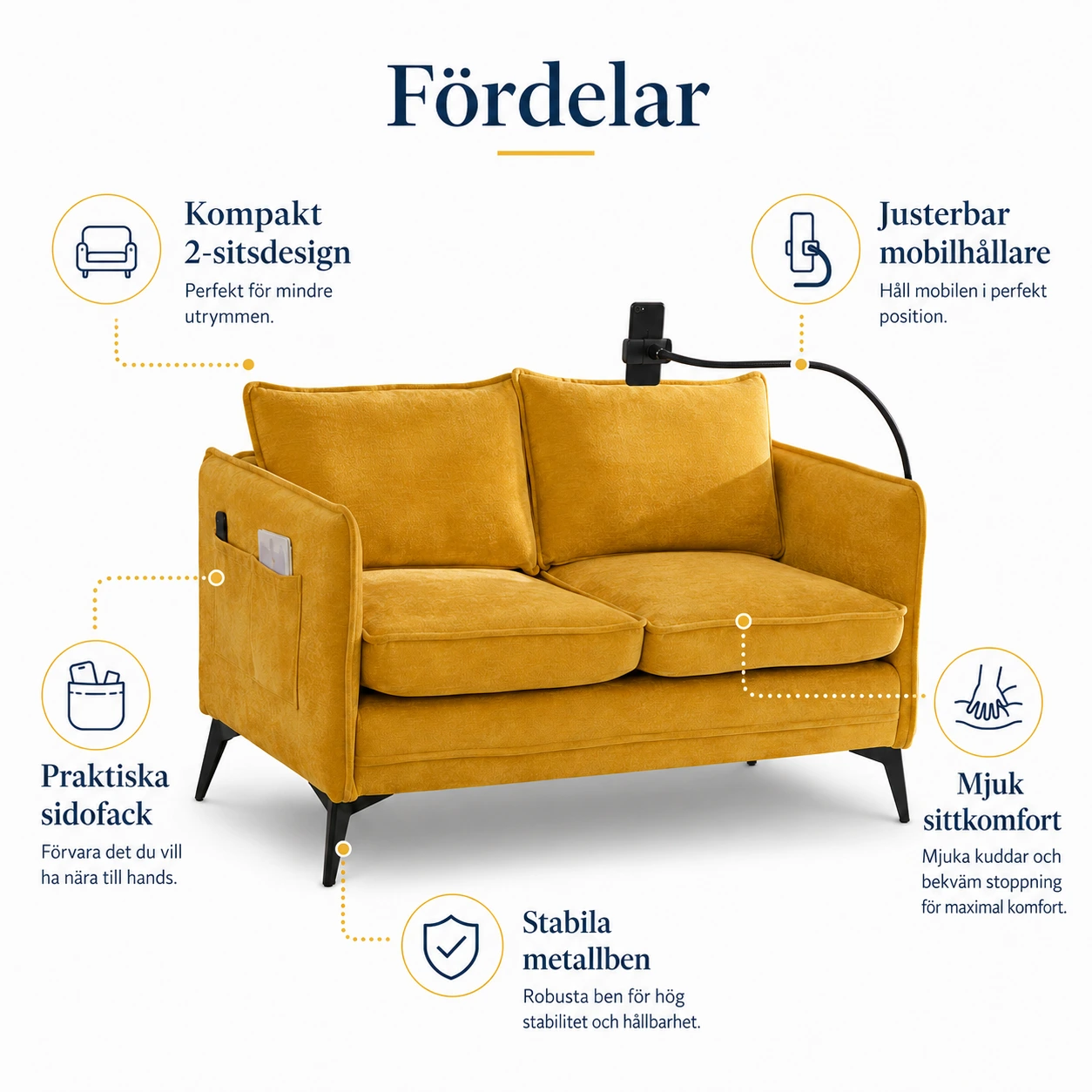 2-sits soffa för små utrymmen med mobilhållare