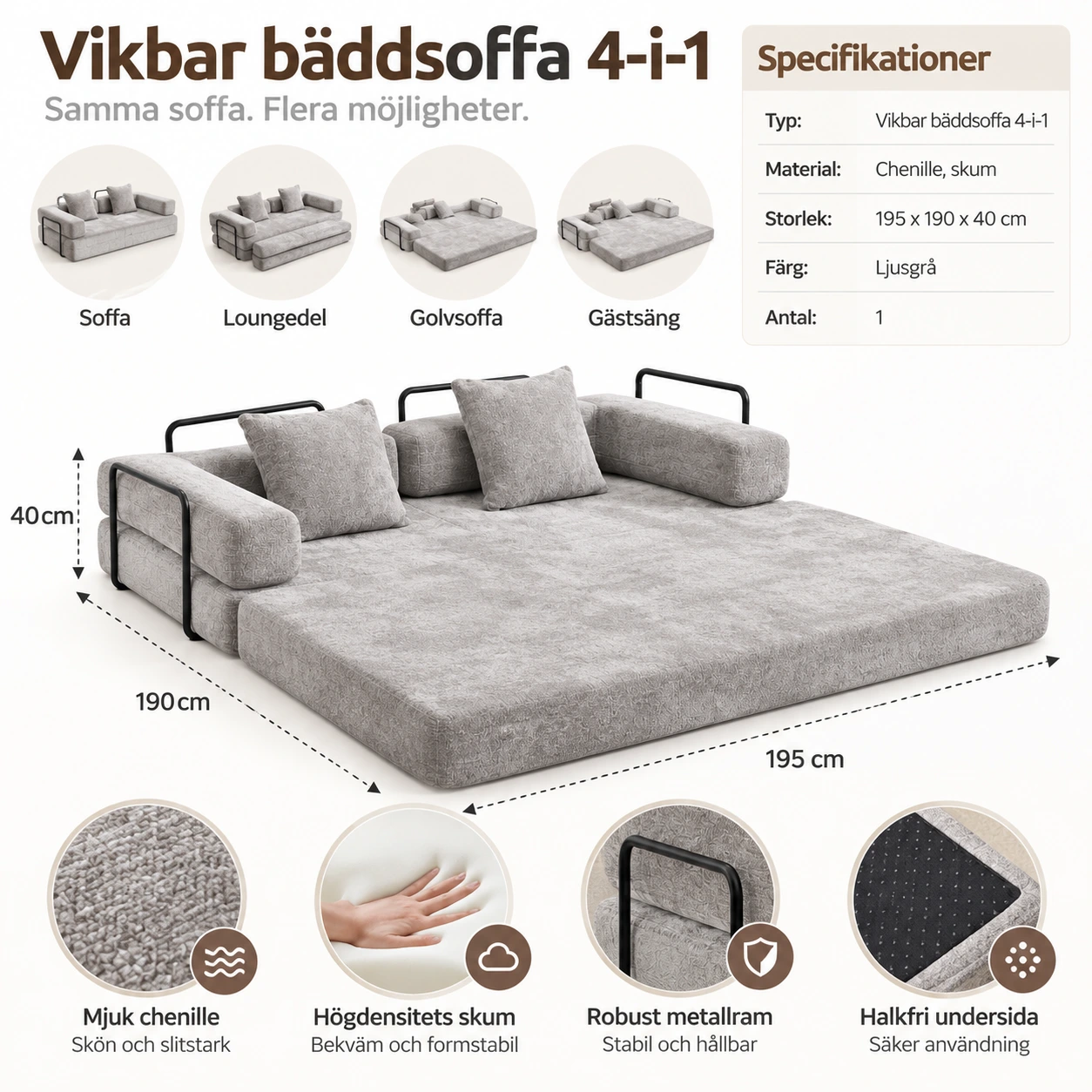 Bäddsoffa 4-i-1 för vardagsrum och gästrum