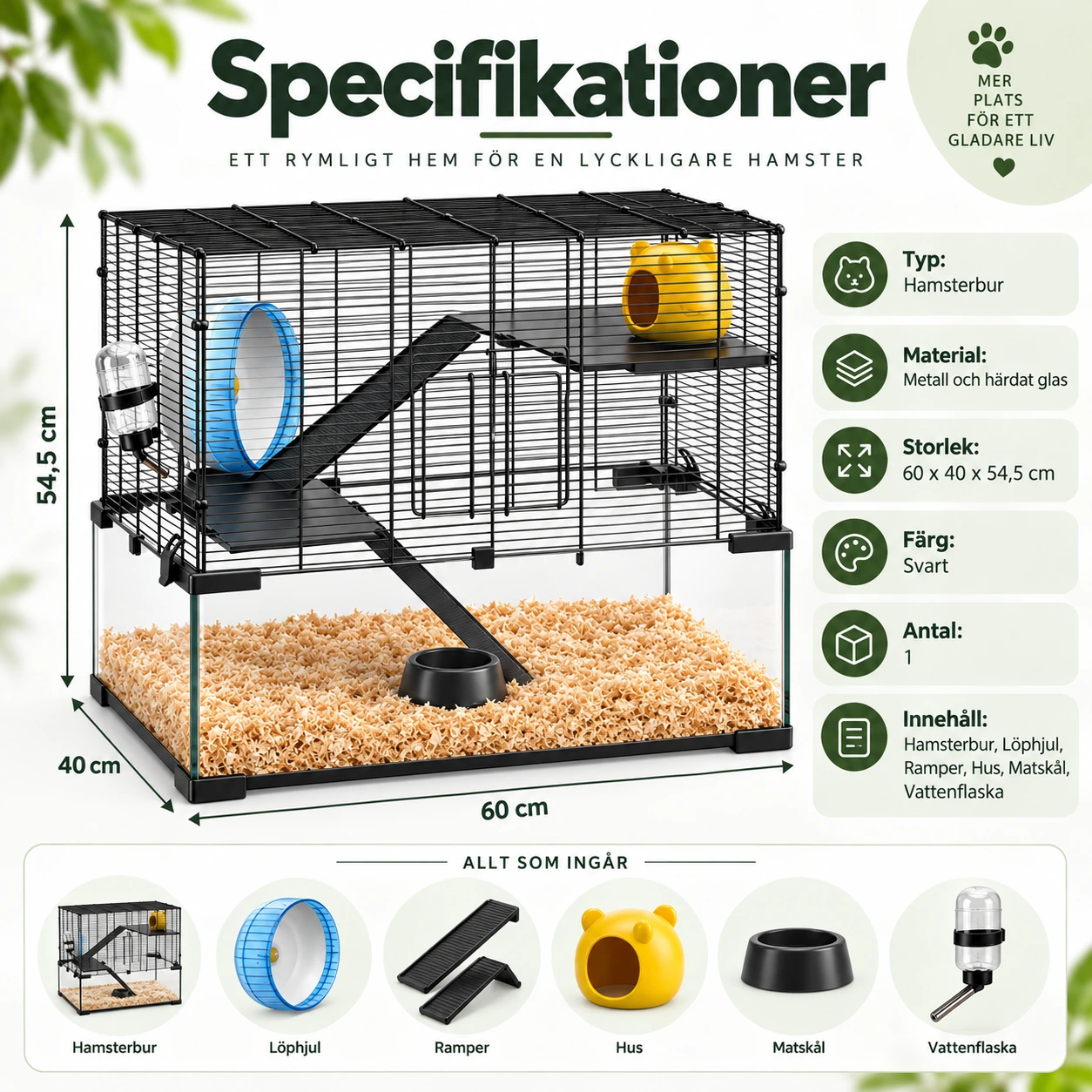 Hamsterbur med löphjul och ramper, 60 x 40 x 54,5 cm