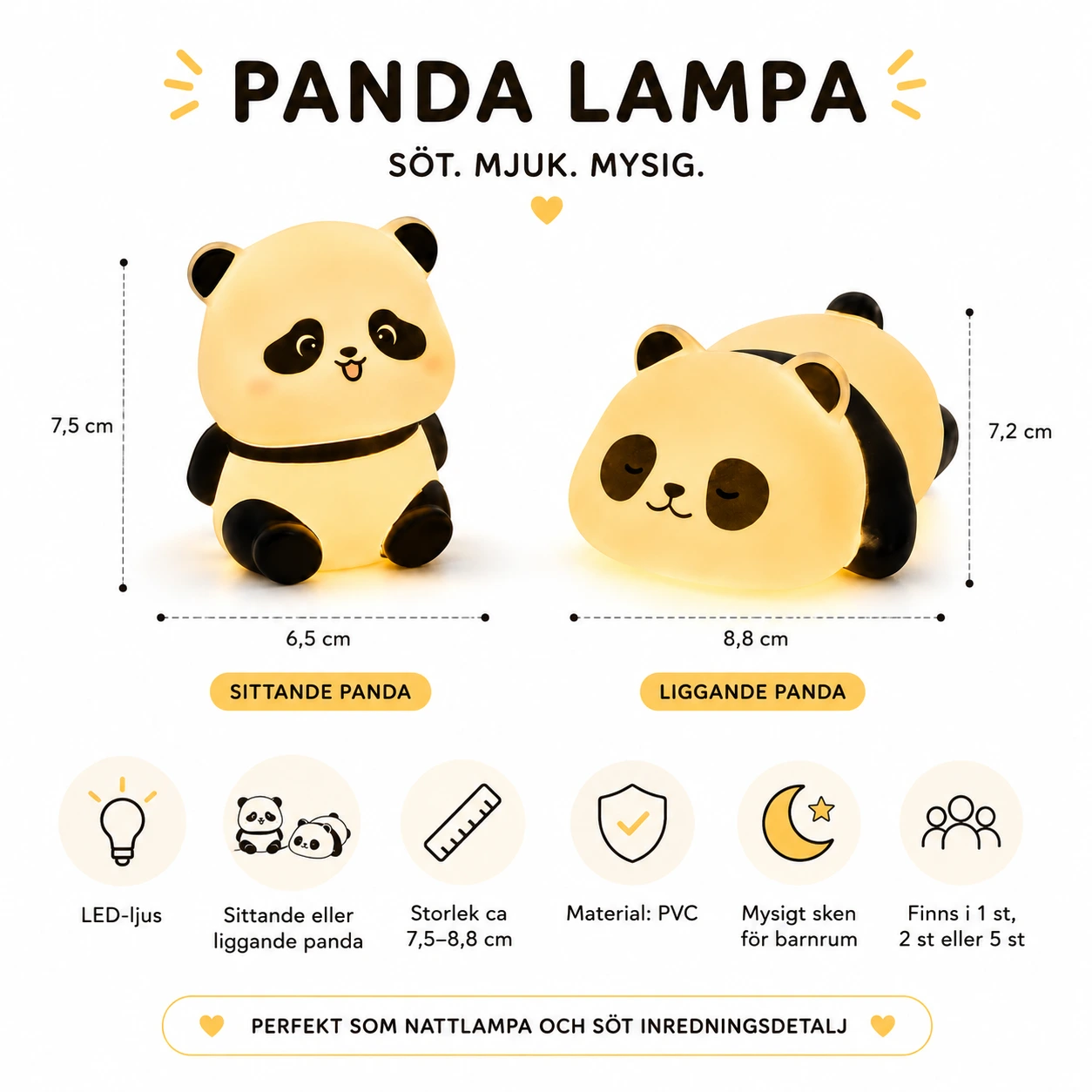Pandalampa med LED – Söt Nattlampa för Barnrum