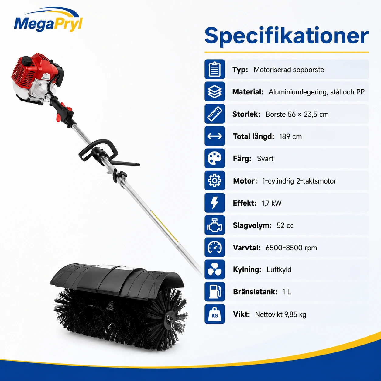 Motoriserad sopborste för gräs och gångar, 52 cc