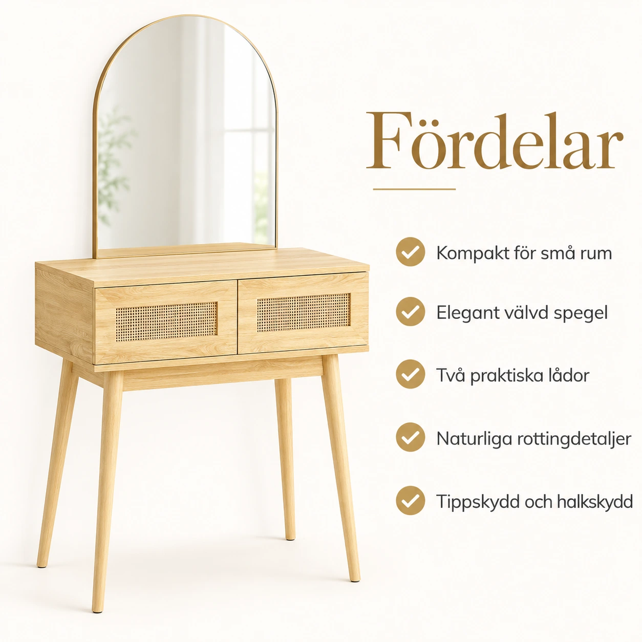 Sminkbord med spegel och 2 lådor för små utrymmen