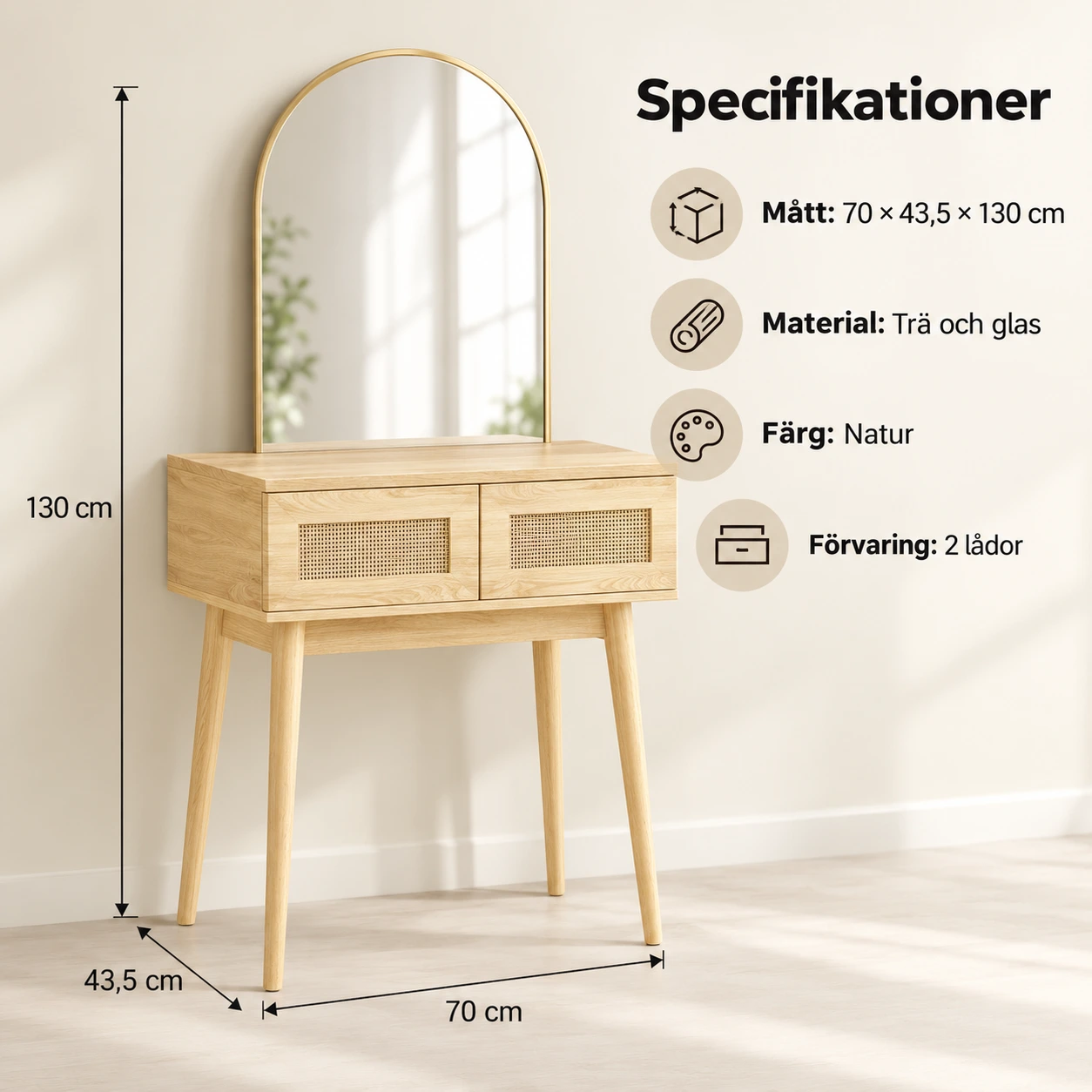 Sminkbord med spegel och 2 lådor för små utrymmen