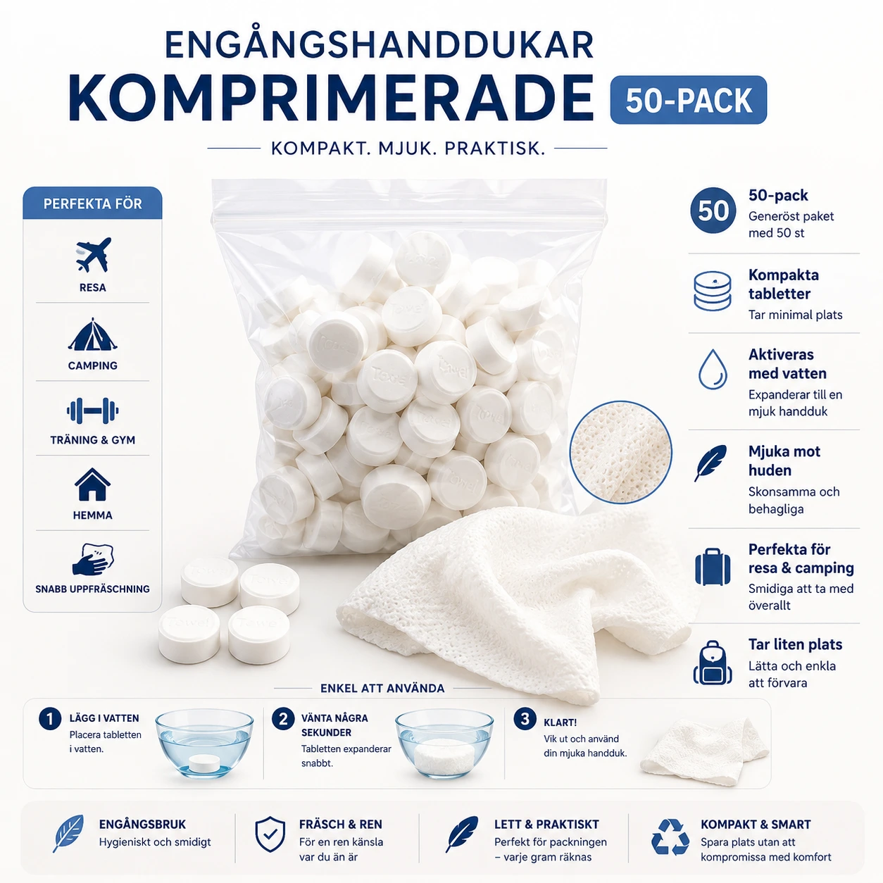 Engångshanddukar Komprimerade 50-pack