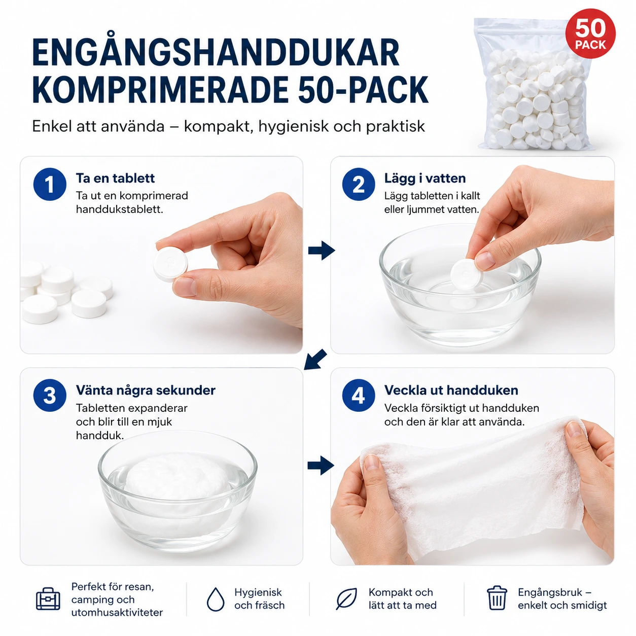 Engångshanddukar Komprimerade 50-pack