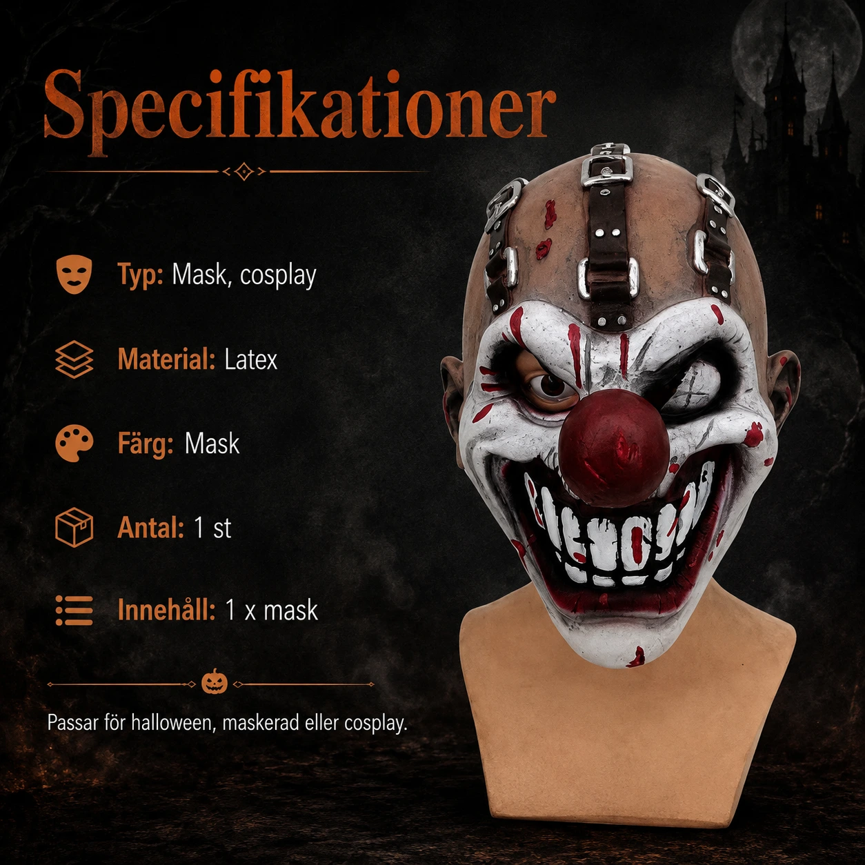 Läskig clownmask för halloween och maskerad i latex