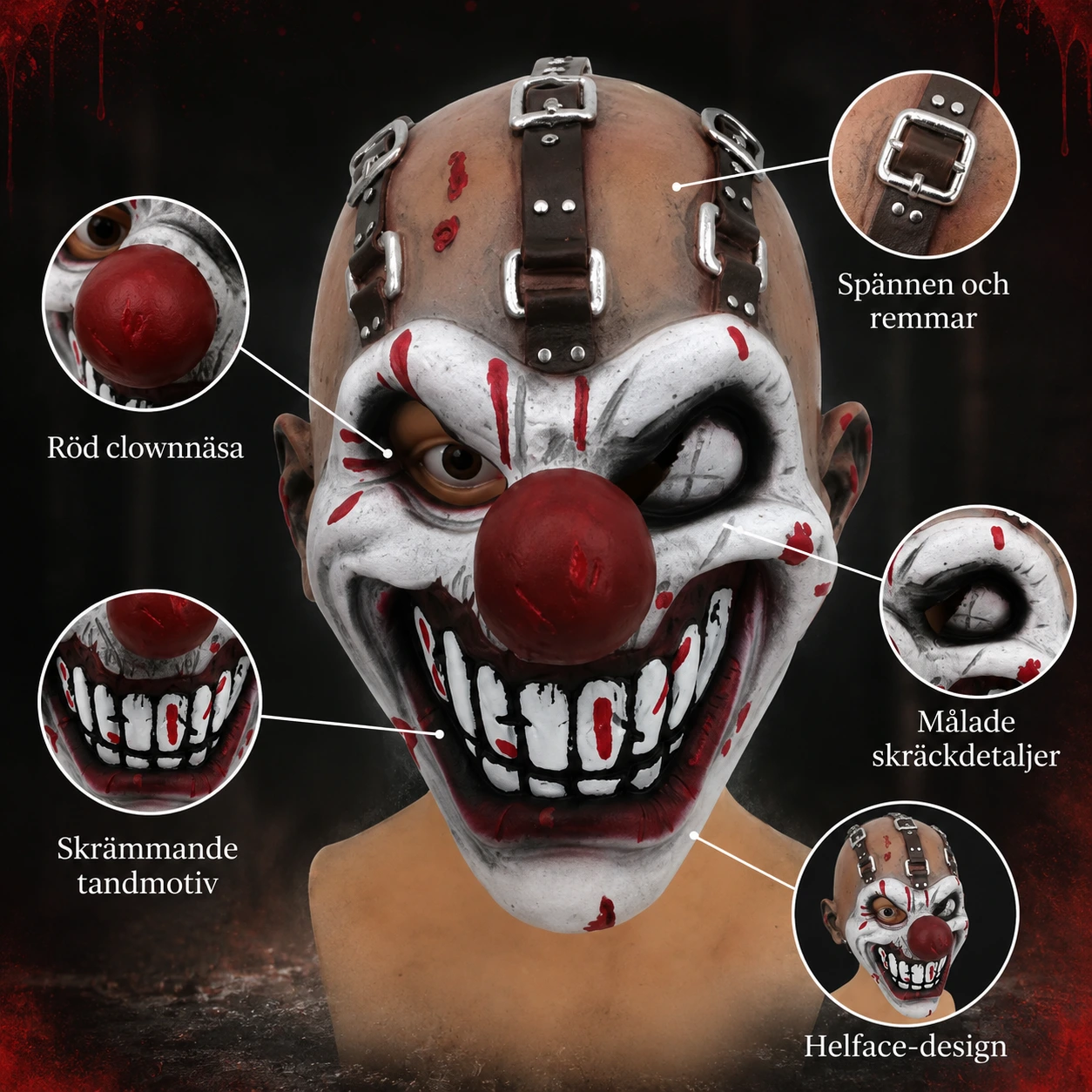 Läskig clownmask för halloween och maskerad i latex