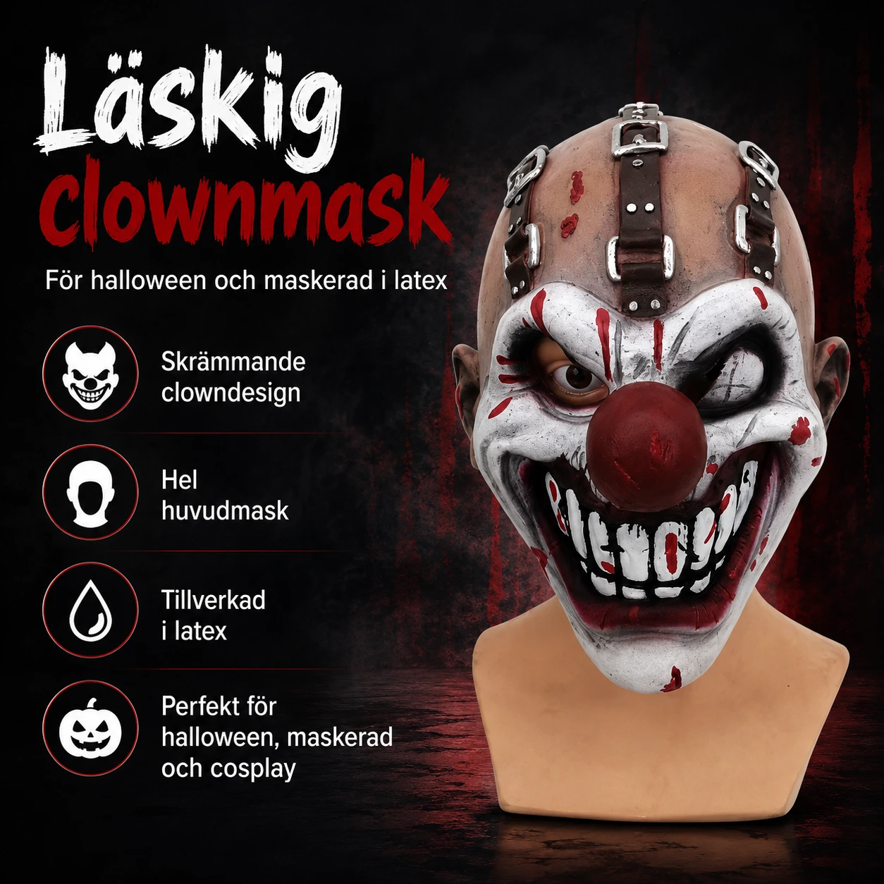 Läskig clownmask för halloween och maskerad i latex