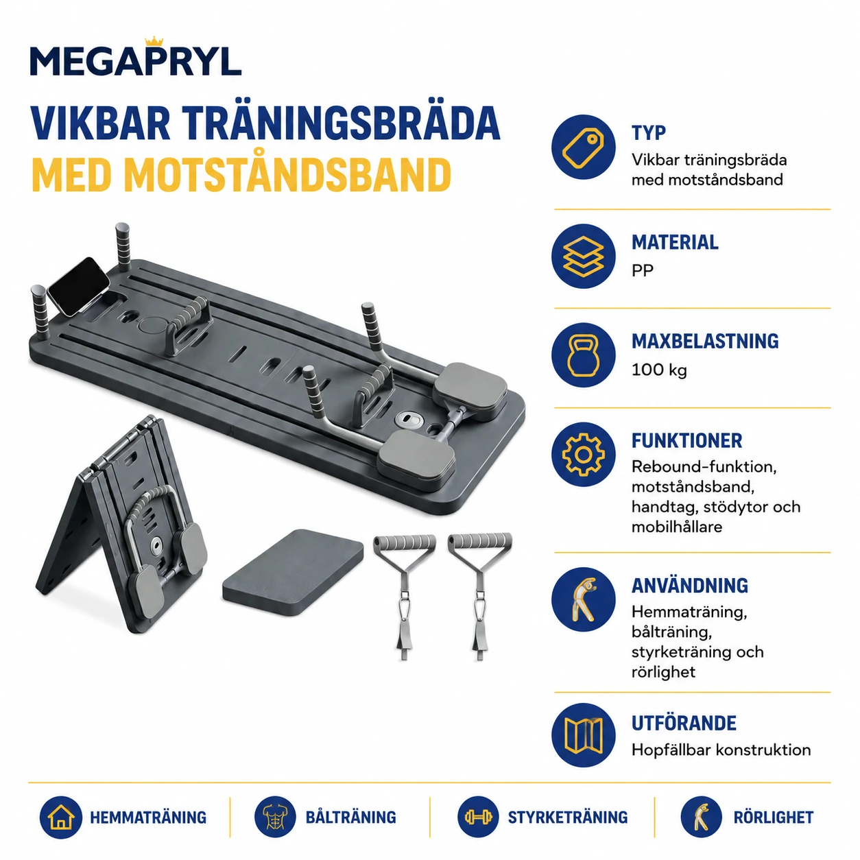 Vikbar Träningsbräda med Motståndsband för Hemmaträning