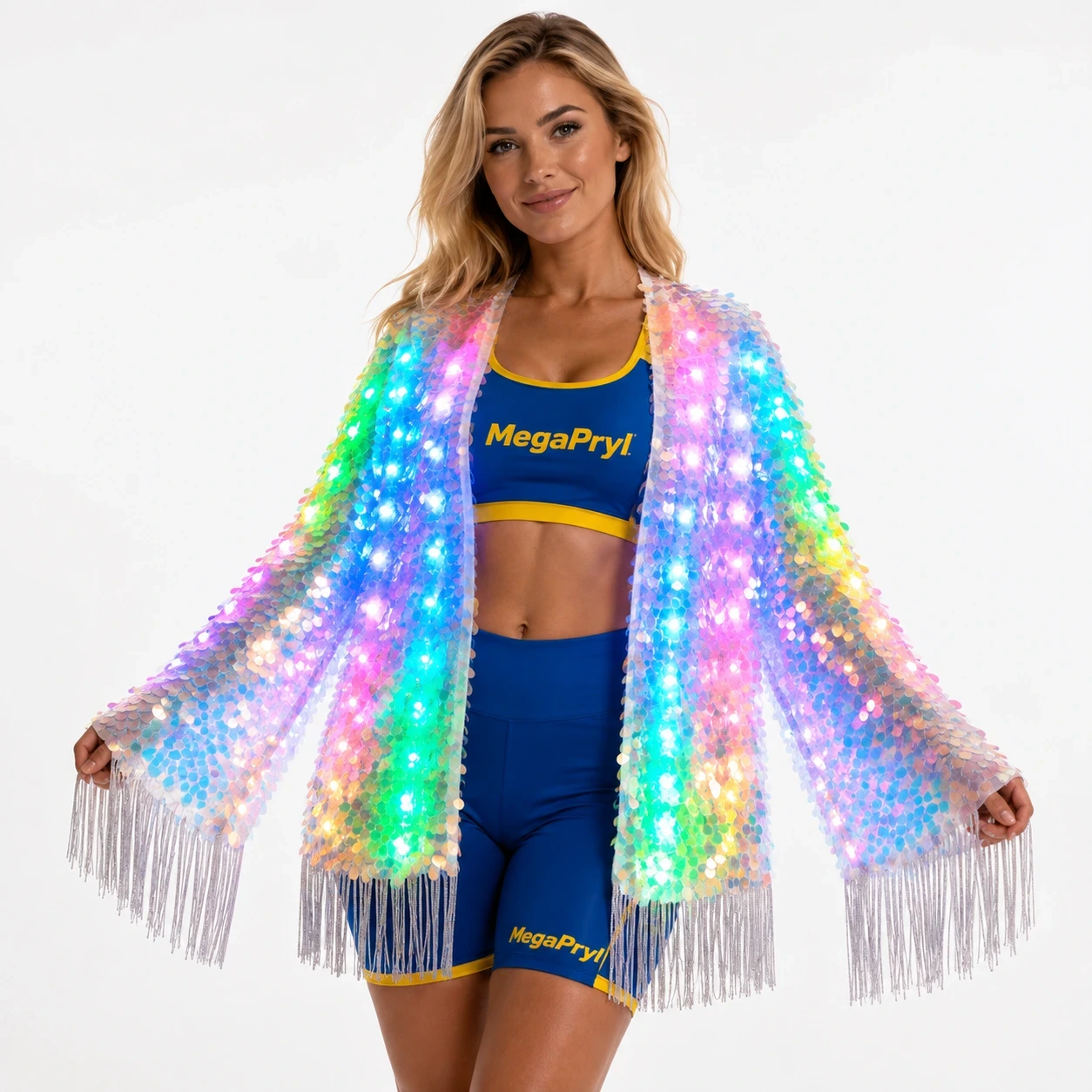 LED-paljettkimono med fransar och fjärrkontroll