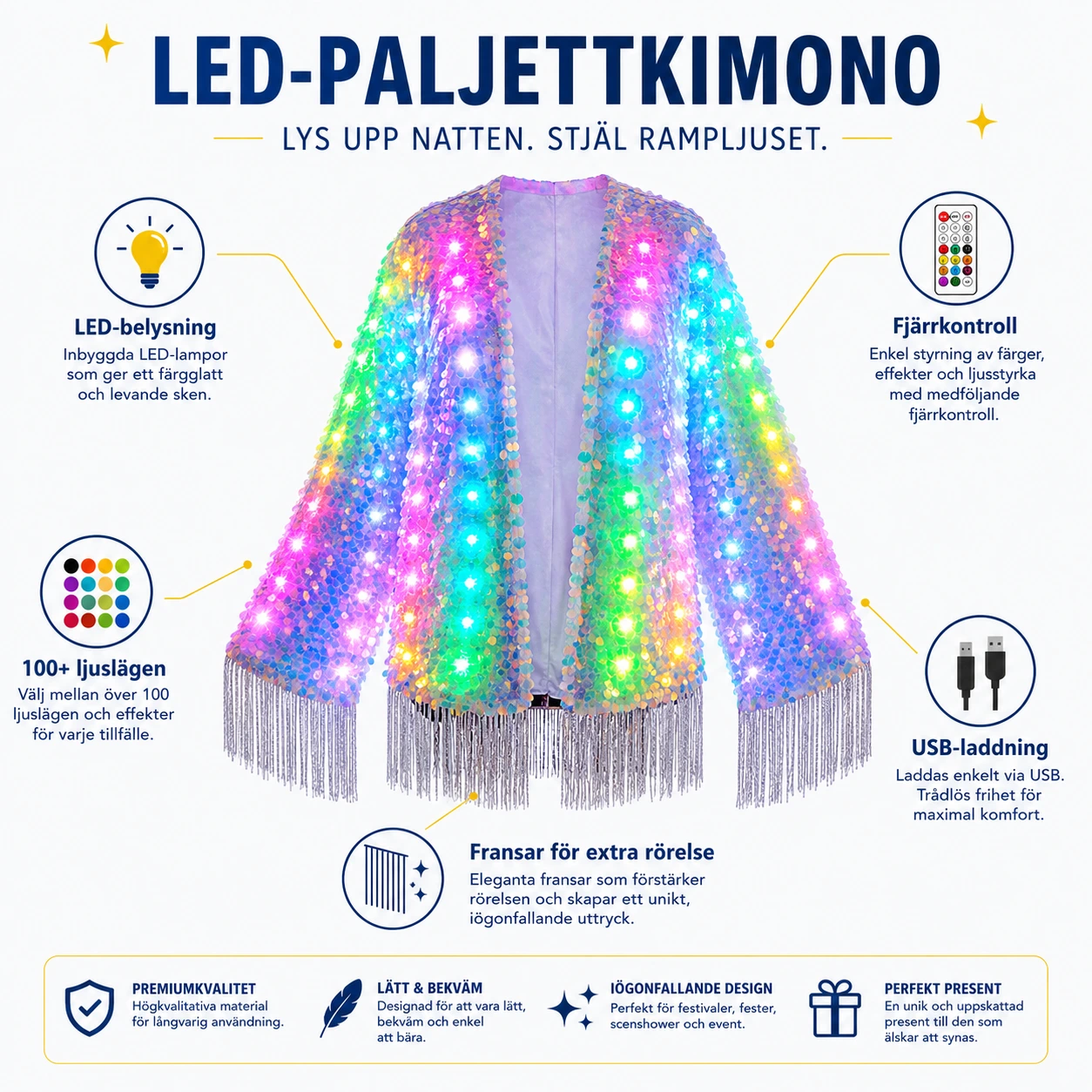 LED-paljettkimono med fransar och fjärrkontroll