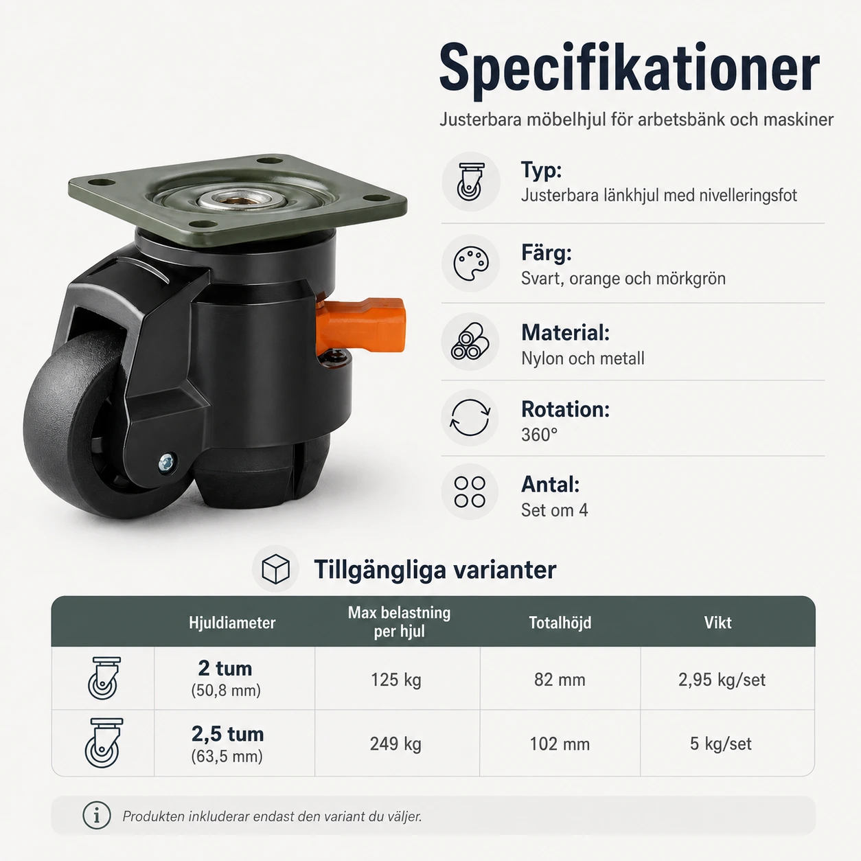 Justerbara möbelhjul för arbetsbänk och maskiner