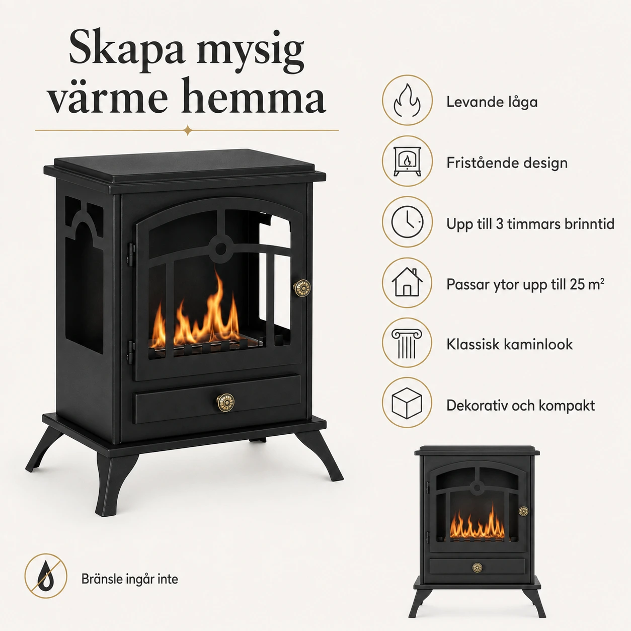 Fristående etanolkamin 45 x 28 x 54 cm