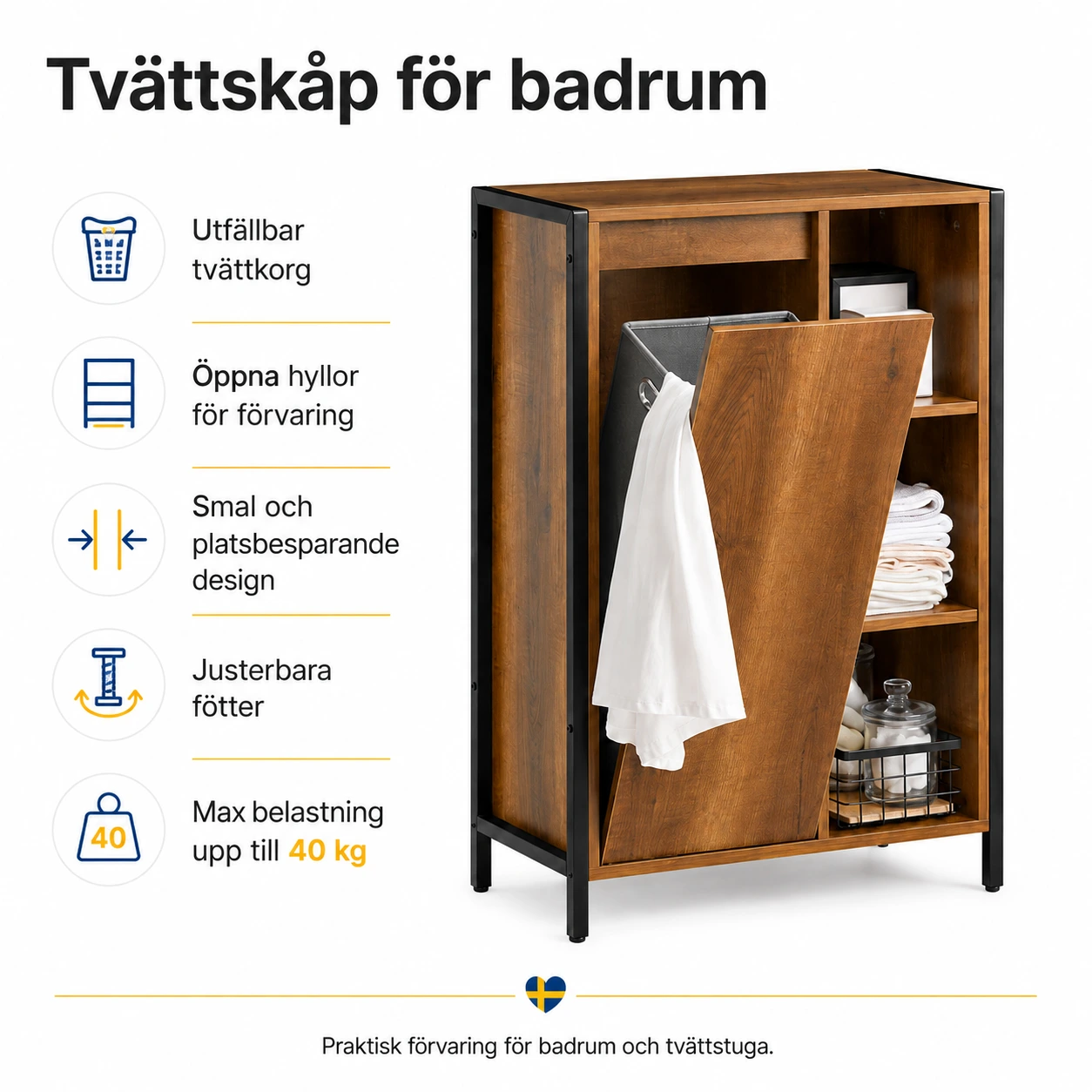 Tvättskåp för badrum med tvättkorg och öppna hyllor