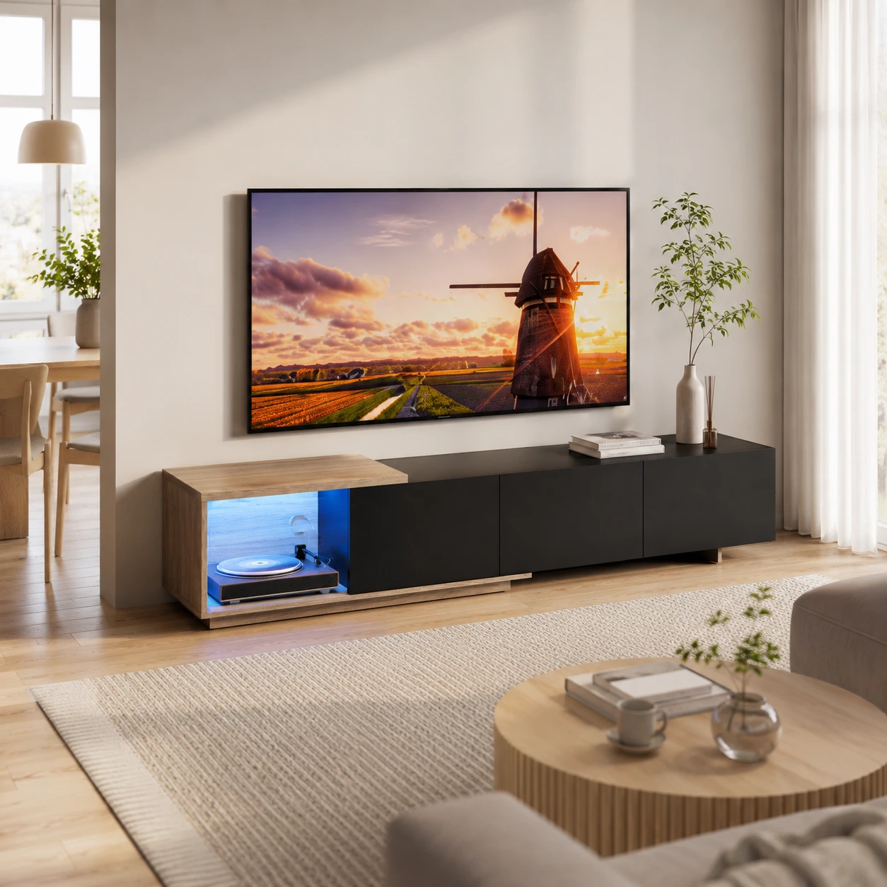 TV-bänk för vardagsrum med LED-belysning och 3 lådor