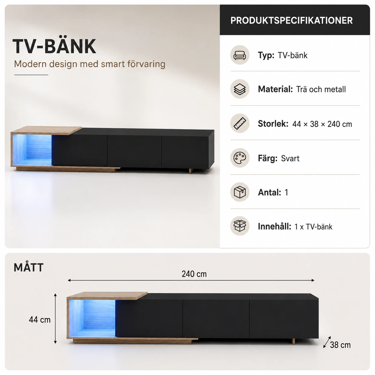 TV-bänk för vardagsrum med LED-belysning och 3 lådor